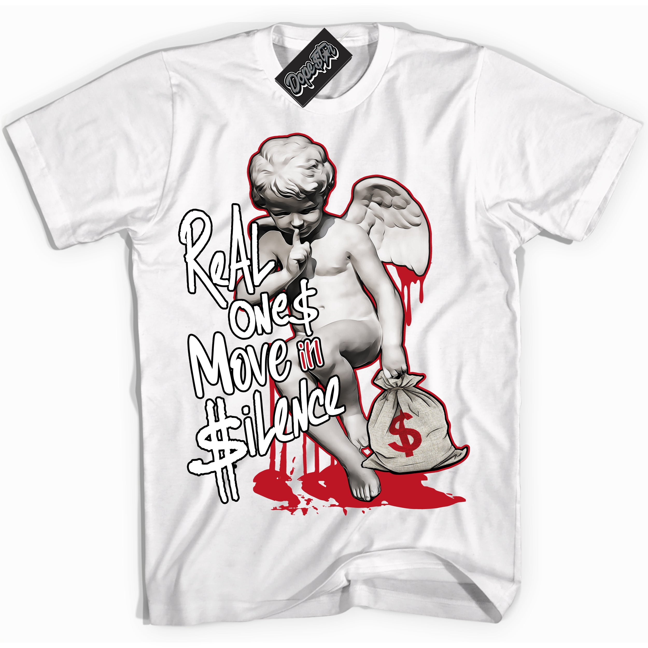 Cool White Shirt with “ Real Ones Cherub ” design that perfectly matches Black Dragon Red Dunk.