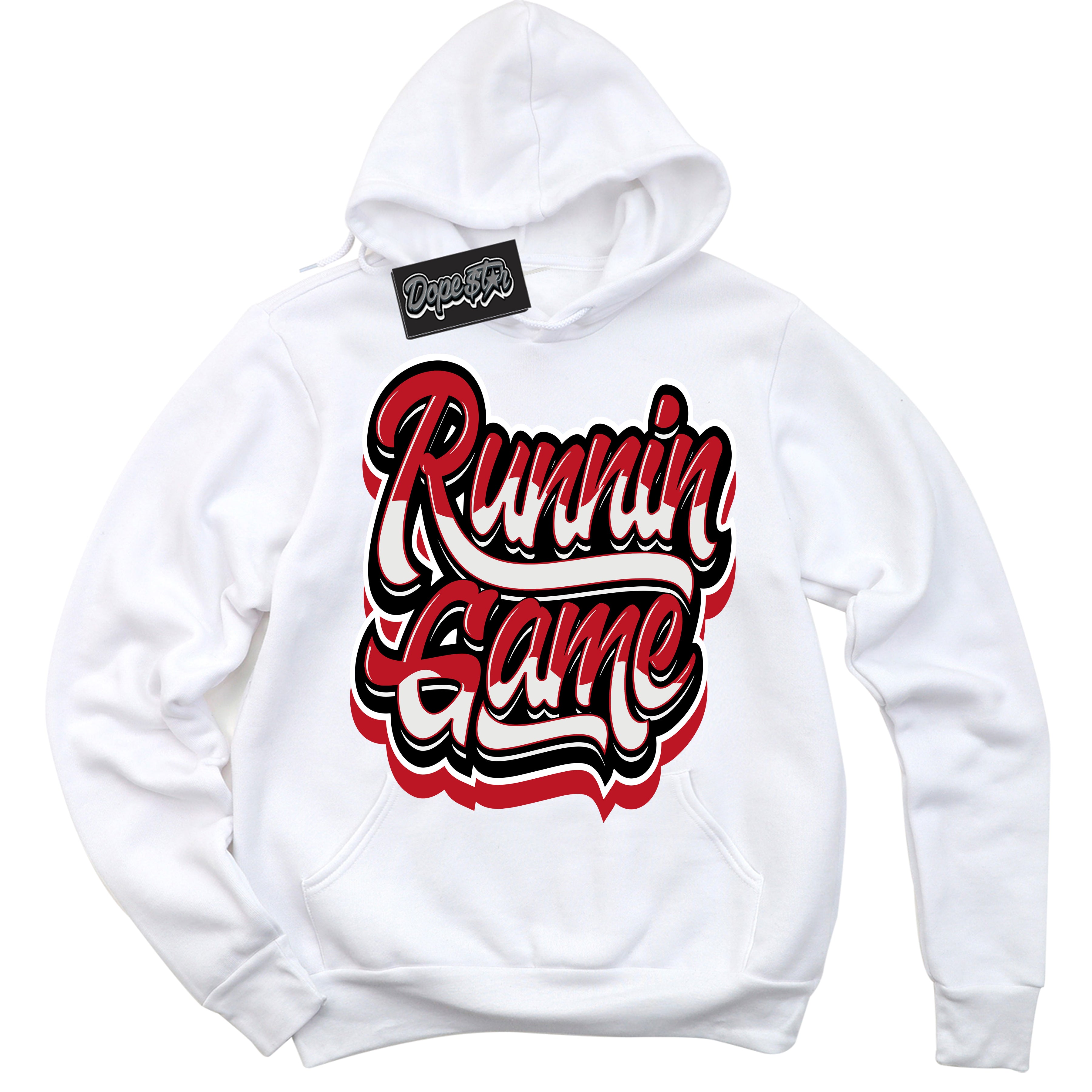 Cool White Hoodie with “ Running Game ”  design that Perfectly Matches Black Dragon Red Dunk.
