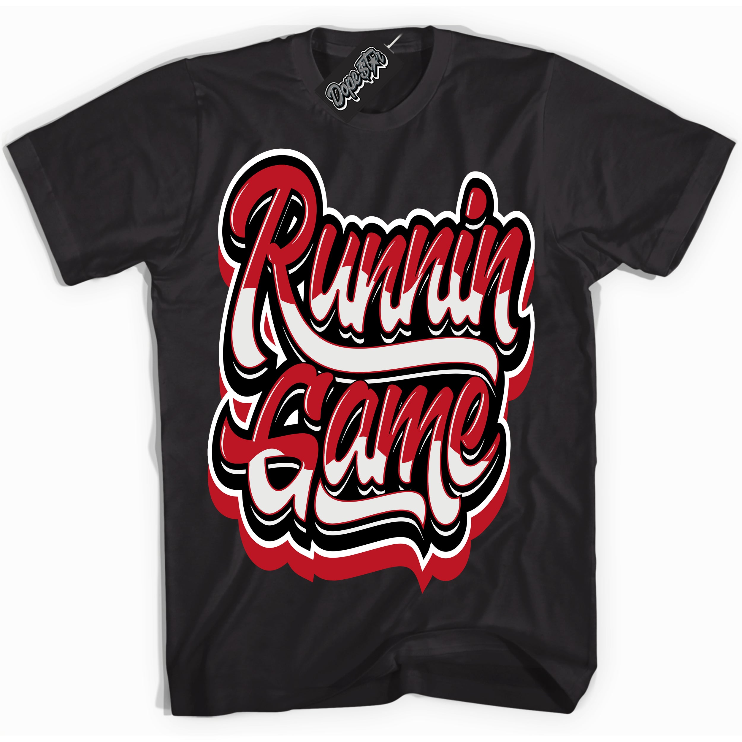 Cool Black Shirt with “ Running Game ” design that perfectly matches Black Dragon Red Dunk.
