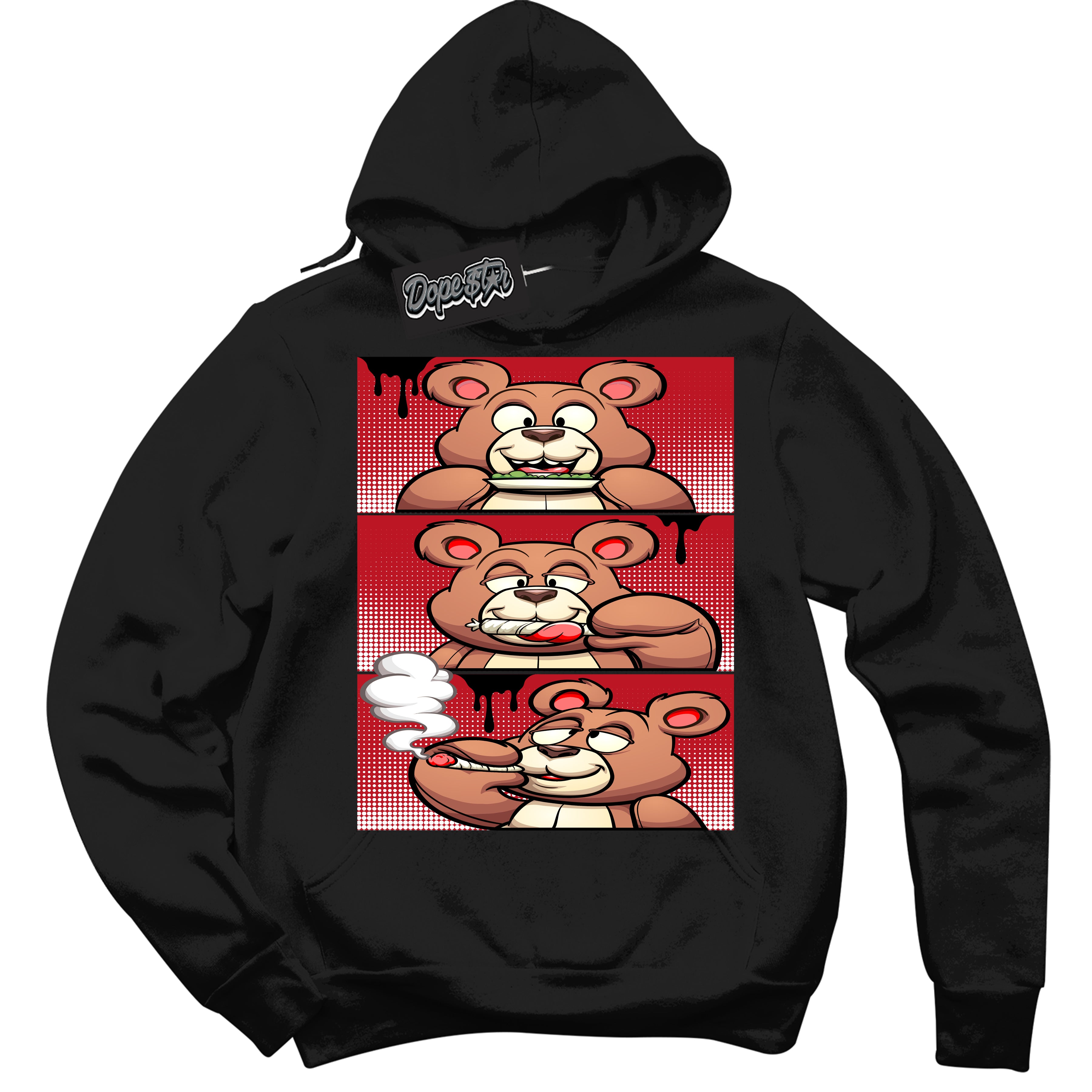 Cool Black Hoodie with “ Roll It Lick It Smoke It Bear ”  design that Perfectly Matches Black Dragon Red Dunk.
