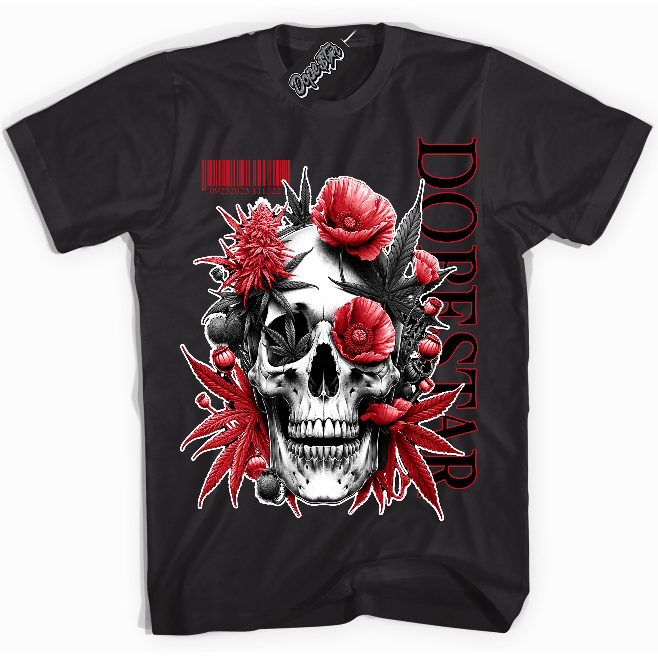 Cool Black Shirt with “ Skull Poppies ” design that perfectly matches Black Dragon Red Dunk.