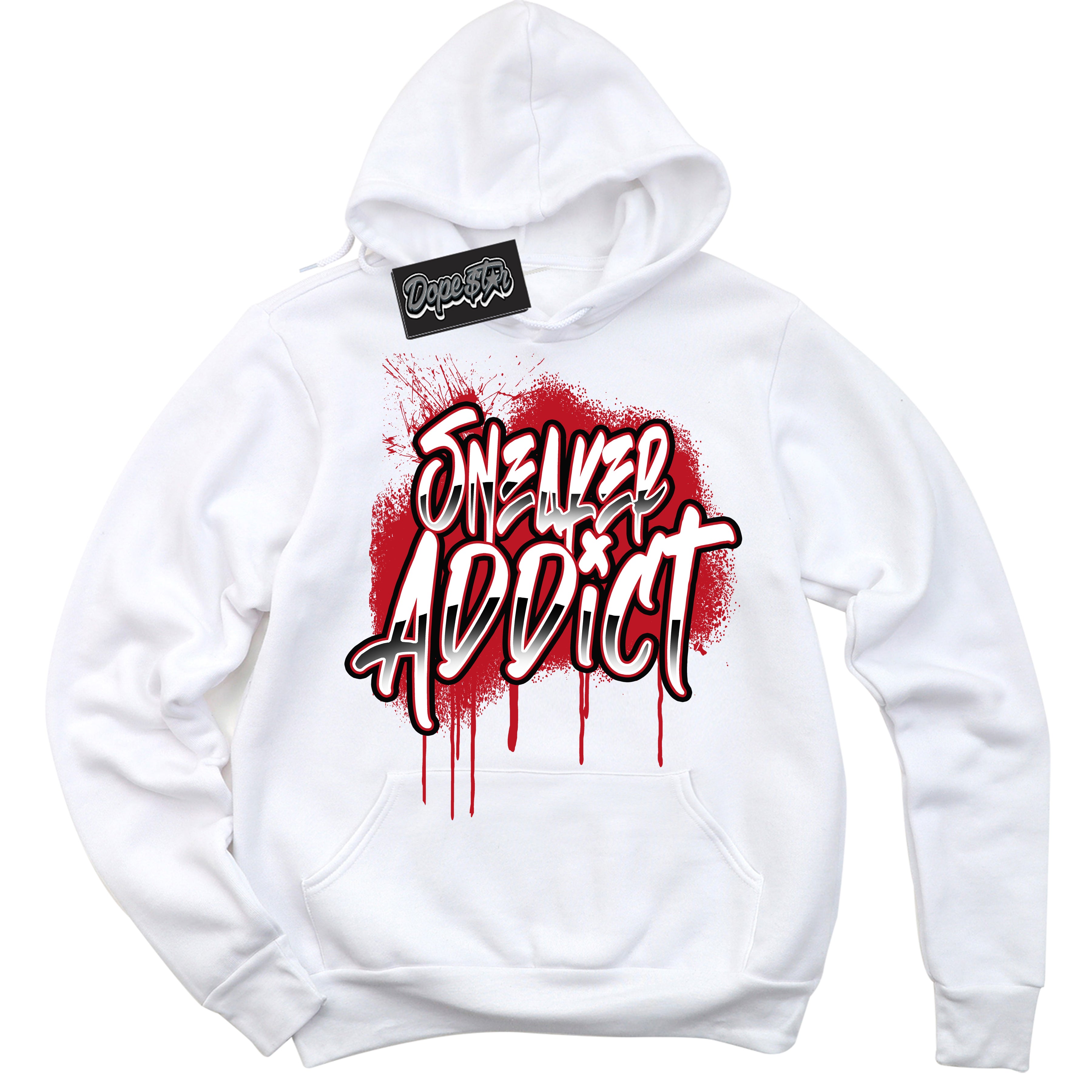 Cool White Hoodie with “ Sneaker Addict ”  design that Perfectly Matches Black Dragon Red Dunk.
