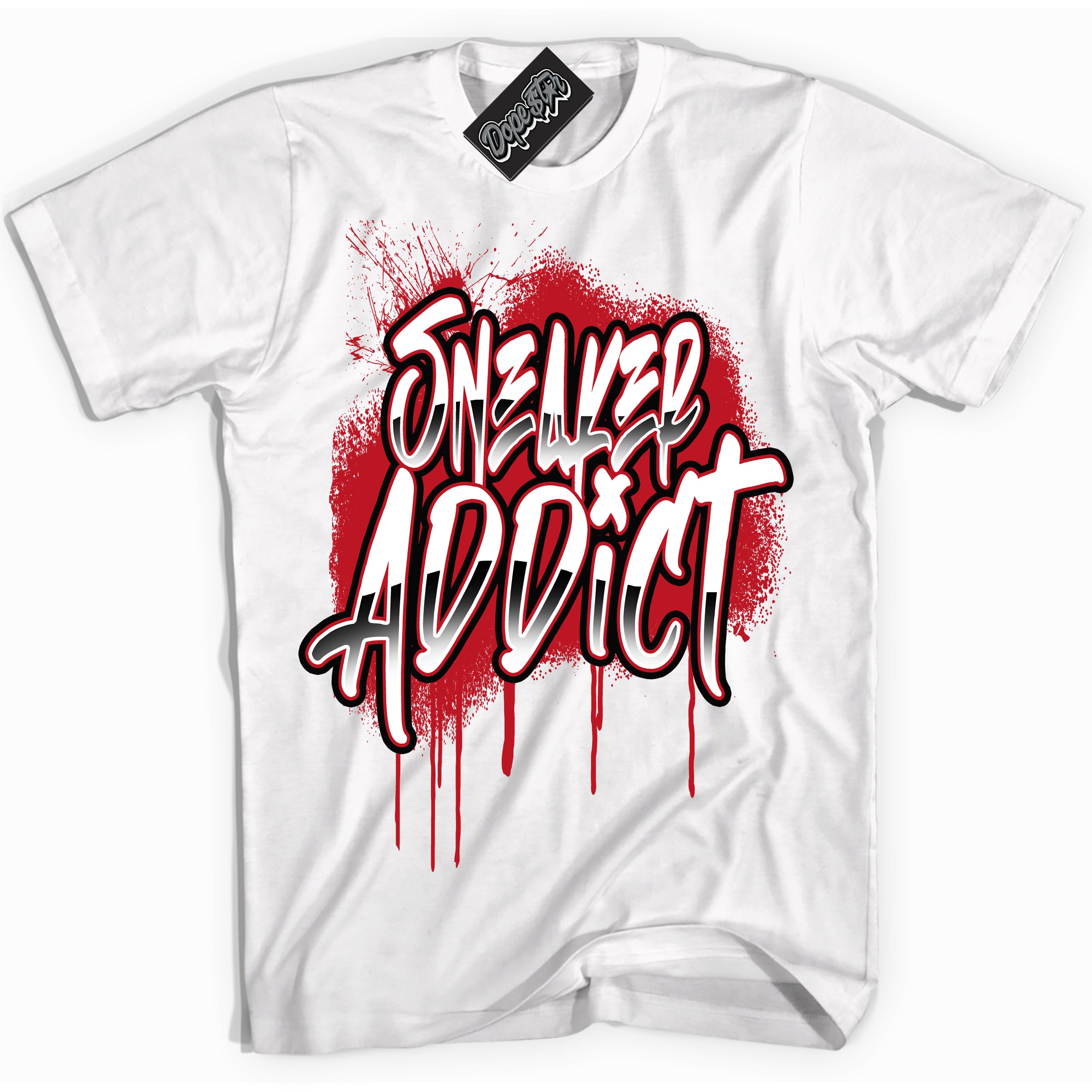 Cool White Shirt with “ Sneaker Addict ” design that perfectly matches Black Dragon Red Dunk.
