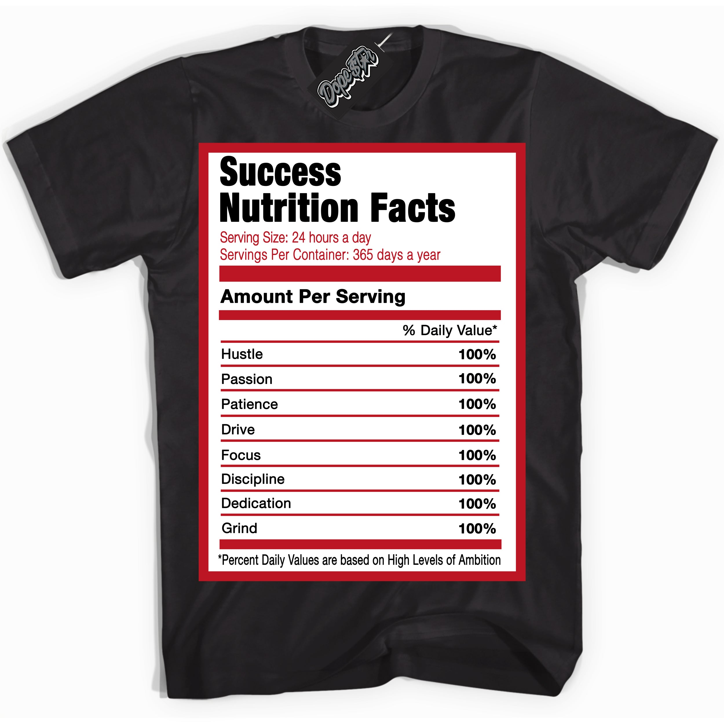 Cool Black Shirt with “ Success Nutrition ” design that perfectly matches Black Dragon Red Dunk.