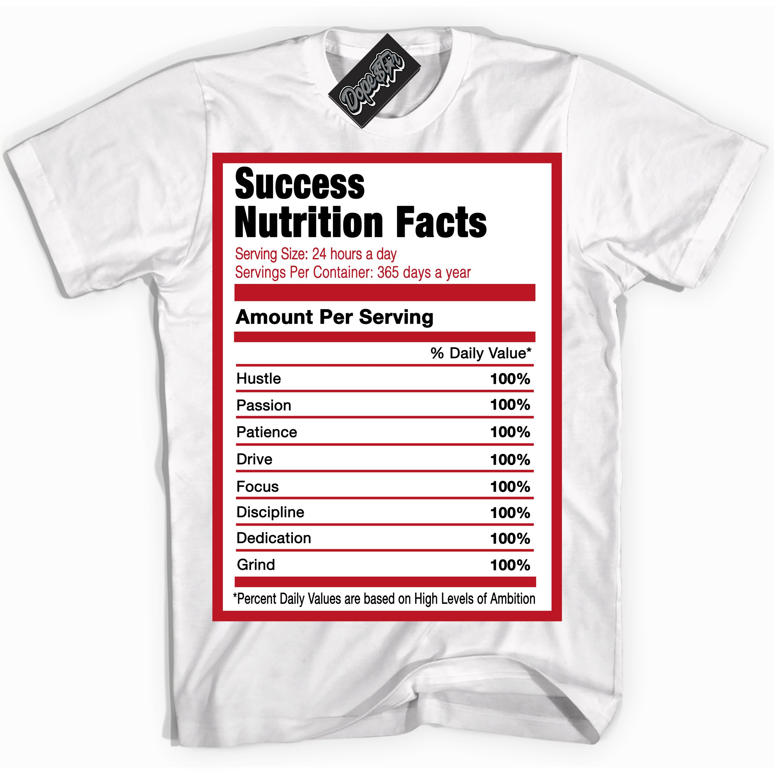 Cool White Shirt with “ Success Nutrition ” design that perfectly matches Black Dragon Red Dunk.