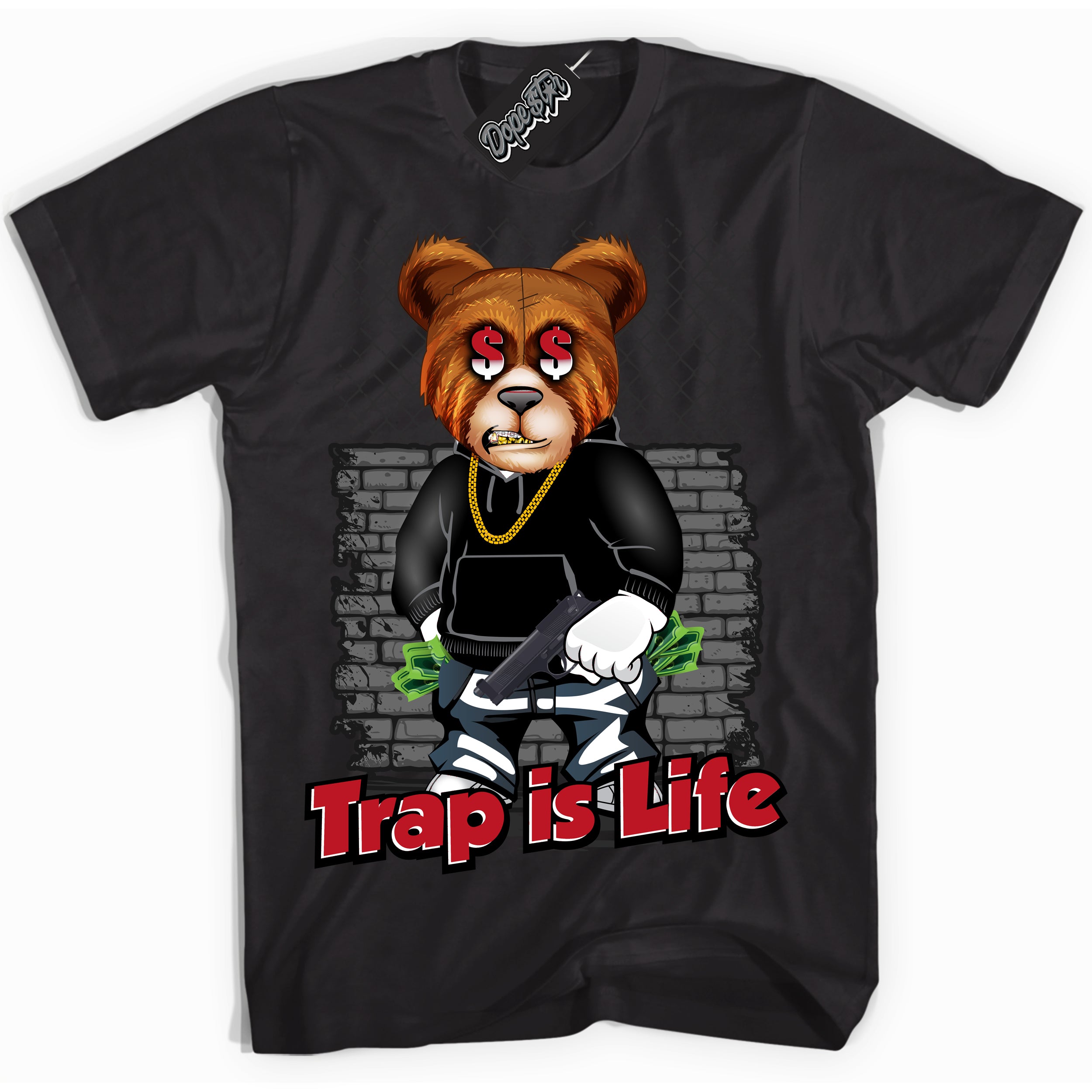 Cool Black Shirt with “ Trap Is Life ” design that perfectly matches Black Dragon Red Dunk.
