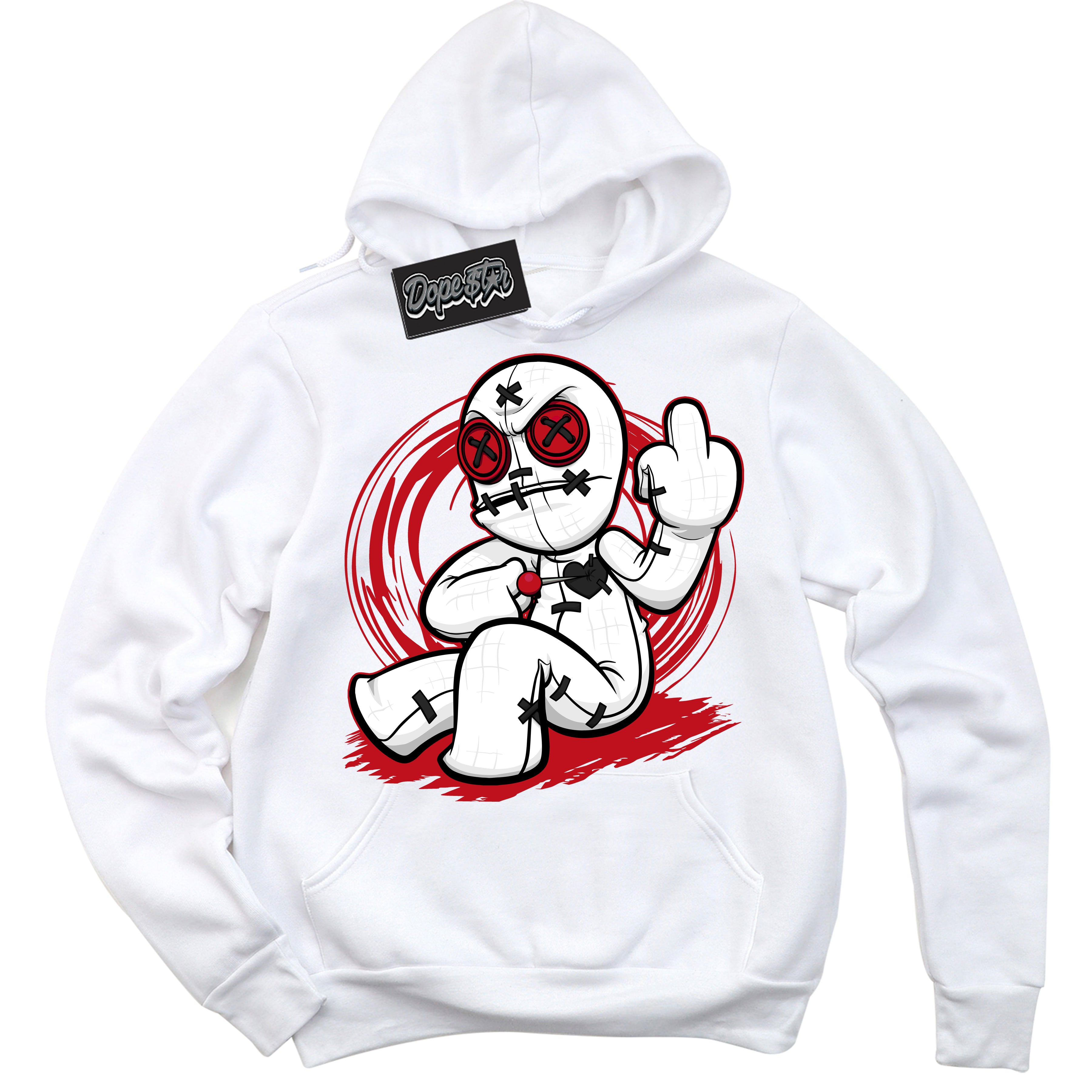 Cool White Hoodie with “ Voodoo Doll ”  design that Perfectly Matches Black Dragon Red Dunk.