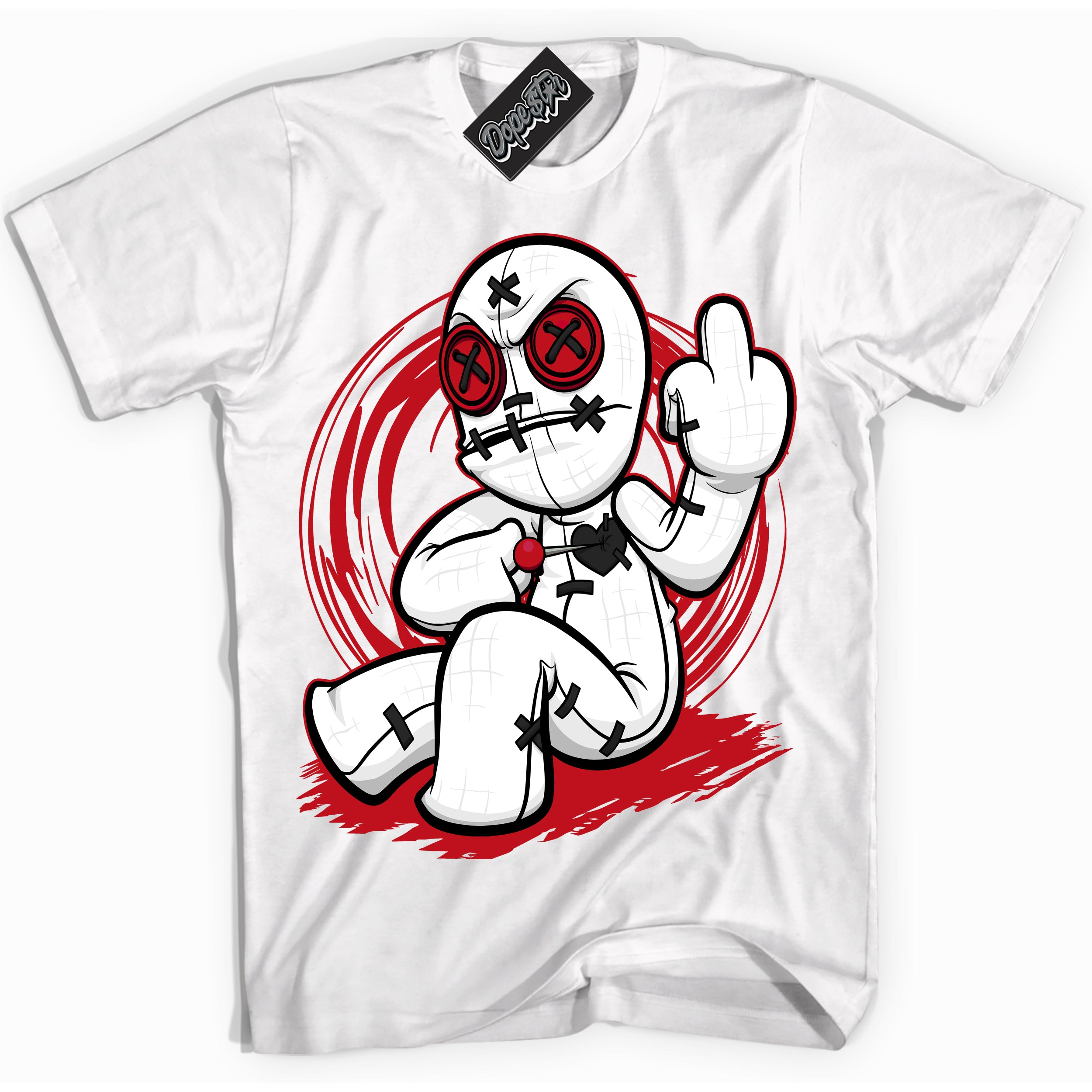 Cool White Shirt with “ Voodoo Doll ” design that perfectly matches Black Dragon Red Dunk.
