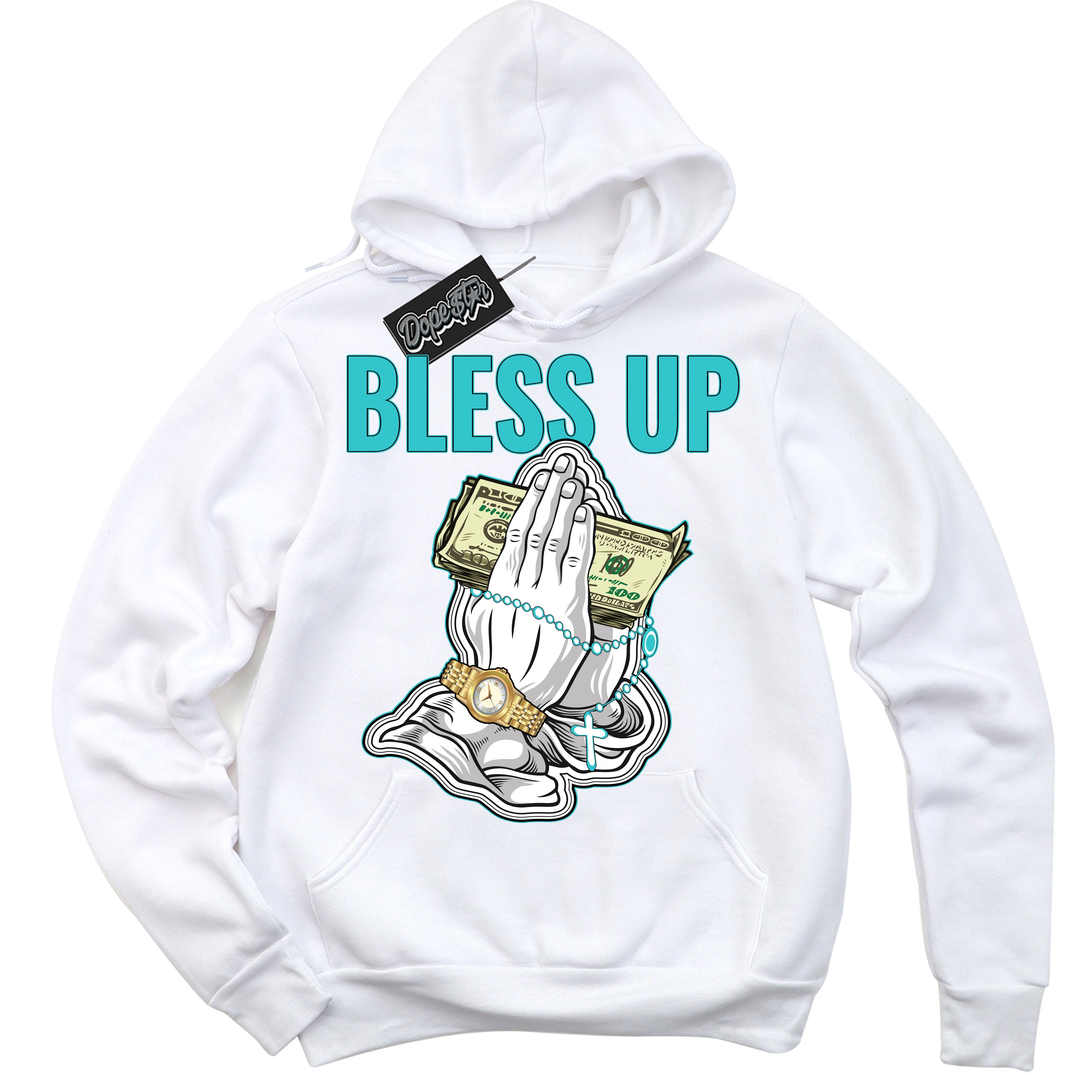 Dunk Low Retro Black Dusty Cactus 'Bless Up' Hoodie - White Streetwear Mockup | Sneakerhead Sweatshirt Matching Dunk Low Retro Black Dusty Cactus | Limited Edition Urban Streetwear for Sneaker Matching OOTD | Outfits that pair perfectly with your ND Low Retro Black Dusty Cactus | Sneakerhead Fashion Must-Have Apparel for Men and Women.