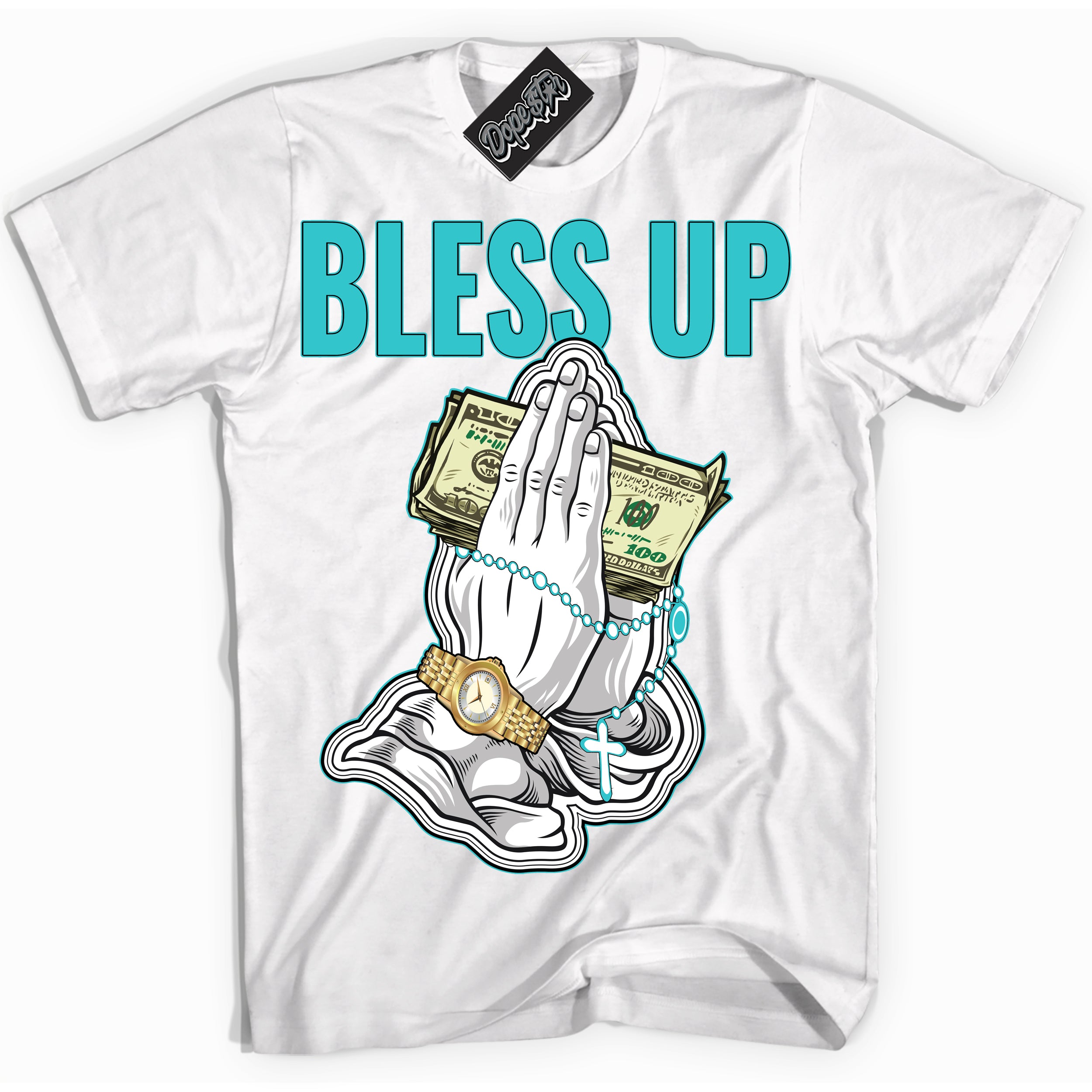 Dunk Low Retro Black Dusty Cactus 'Bless Up' Shirt - White Streetwear Mockup | Sneakerhead T-Shirt Matching Dunk Low Retro Black Dusty Cactus | Limited Edition Urban Streetwear for Sneaker Matching OOTD | Outfits that pair perfectly with your ND Low Retro Black Dusty Cactus | Sneakerhead Fashion Must-Have Apparel for Men and Women.