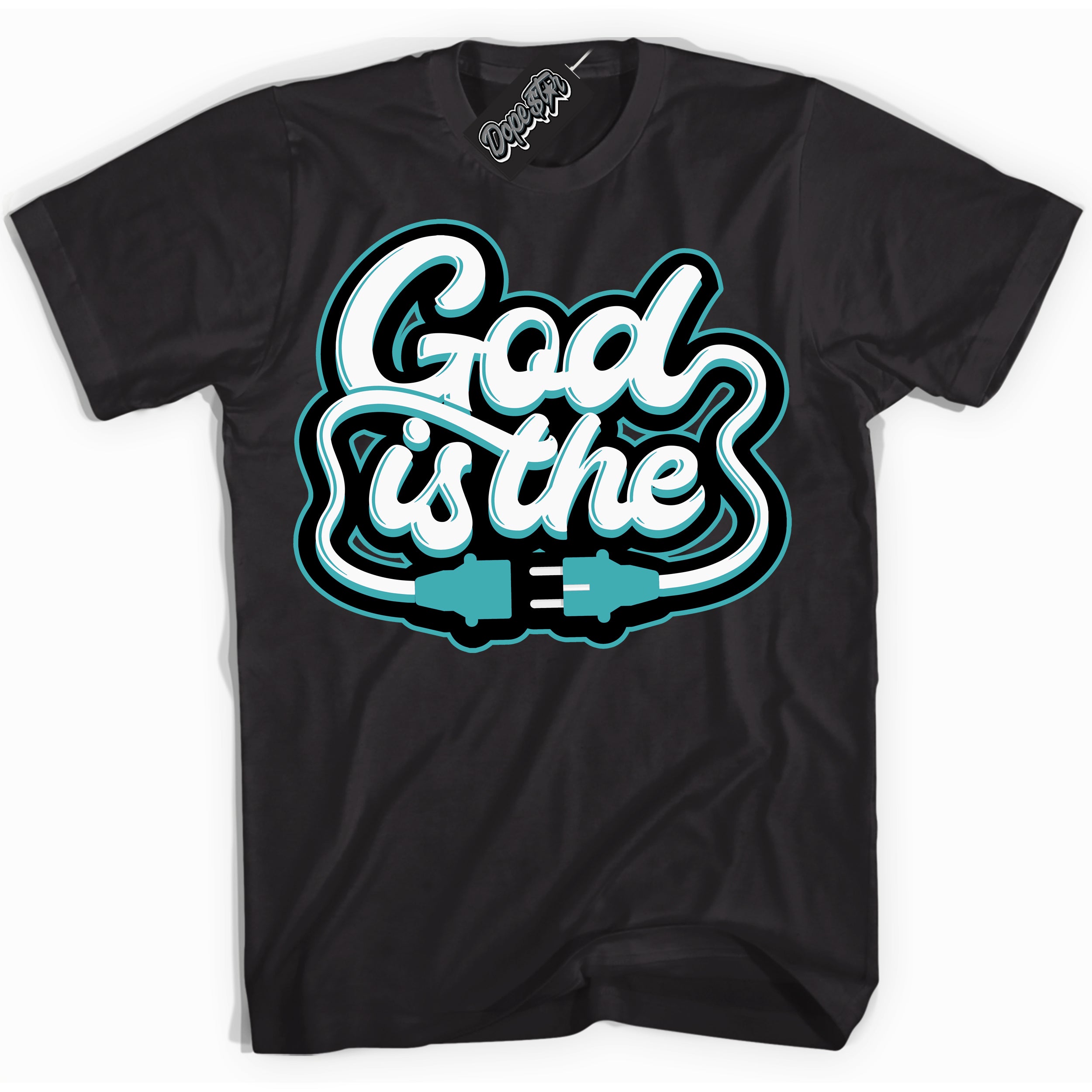 Dunk Low Retro Black Dusty Cactus 'God Is The' Shirt - Black Streetwear Mockup | Sneakerhead T-Shirt Matching Dunk Low Retro Black Dusty Cactus | Limited Edition Urban Streetwear for Sneaker Matching OOTD | Outfits that pair perfectly with your ND Low Retro Black Dusty Cactus | Sneakerhead Fashion Must-Have Apparel for Men and Women.