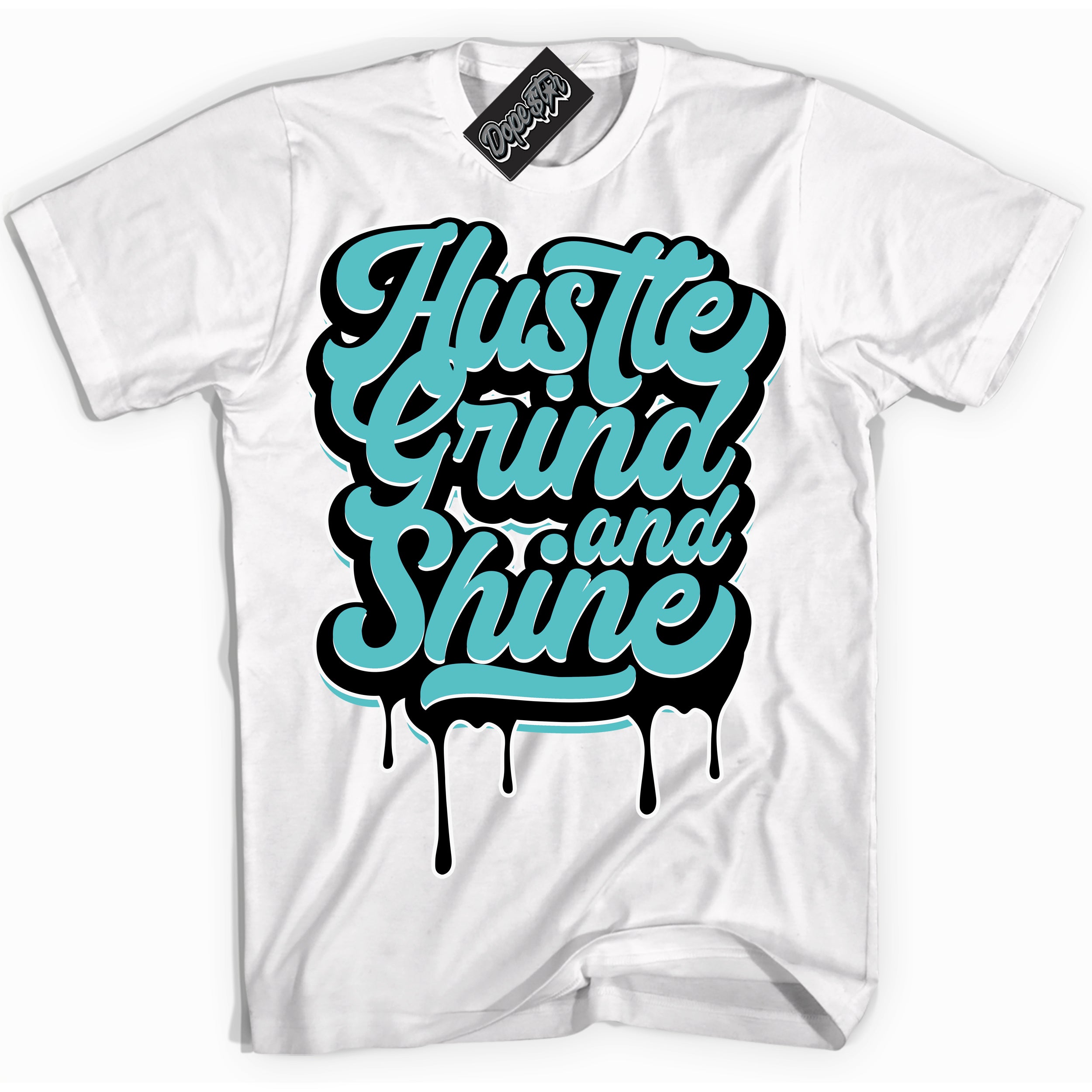 Dunk Low Retro Black Dusty Cactus 'Hustle Grind And Shine' Shirt - White Streetwear Mockup | Sneakerhead T-Shirt Matching Dunk Low Retro Black Dusty Cactus | Hustle Grind And Shine Urban Streetwear for Sneaker Matching OOTD | Outfits that pair perfectly with your ND Low Retro Black Dusty Cactus | Sneakerhead Fashion Must-Have Apparel for Men and Women.