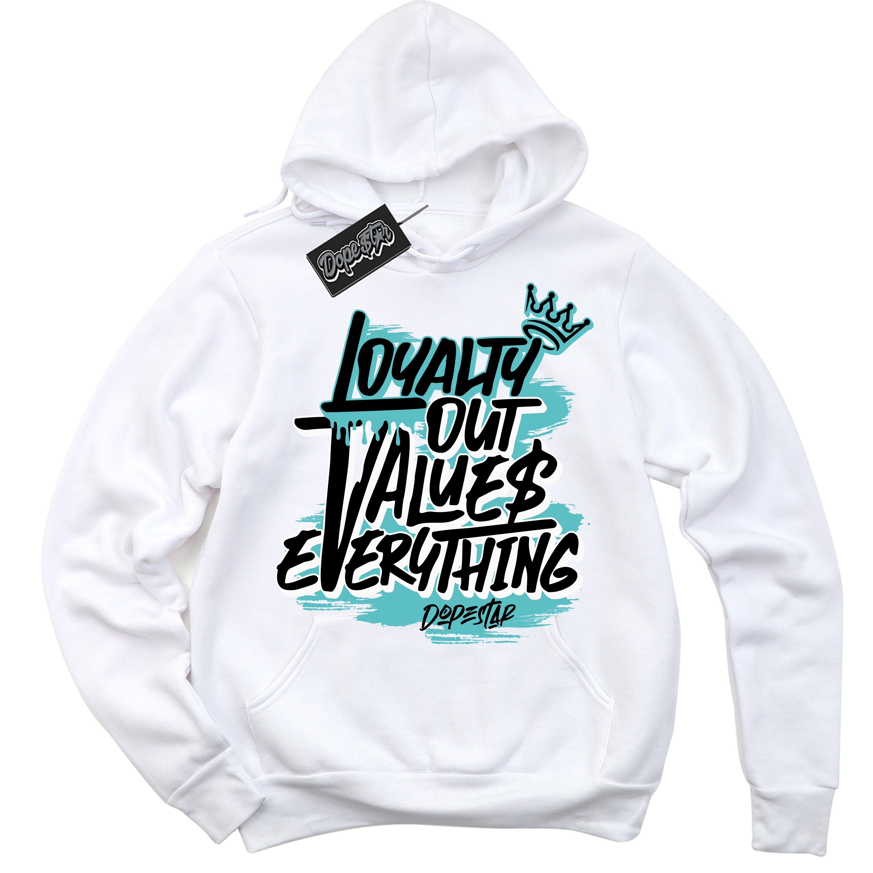 Dunk Low Retro Black Dusty Cactus 'Loyalty Out Values Everything' Hoodie - White Streetwear Mockup | Sneakerhead Sweatshirt Matching Dunk Low Retro Black Dusty Cactus | Limited Edition Urban Streetwear for Sneaker Matching OOTD | Outfits that pair perfectly with your ND Low Retro Black Dusty Cactus | Sneakerhead Fashion Must-Have Apparel for Men and Women.