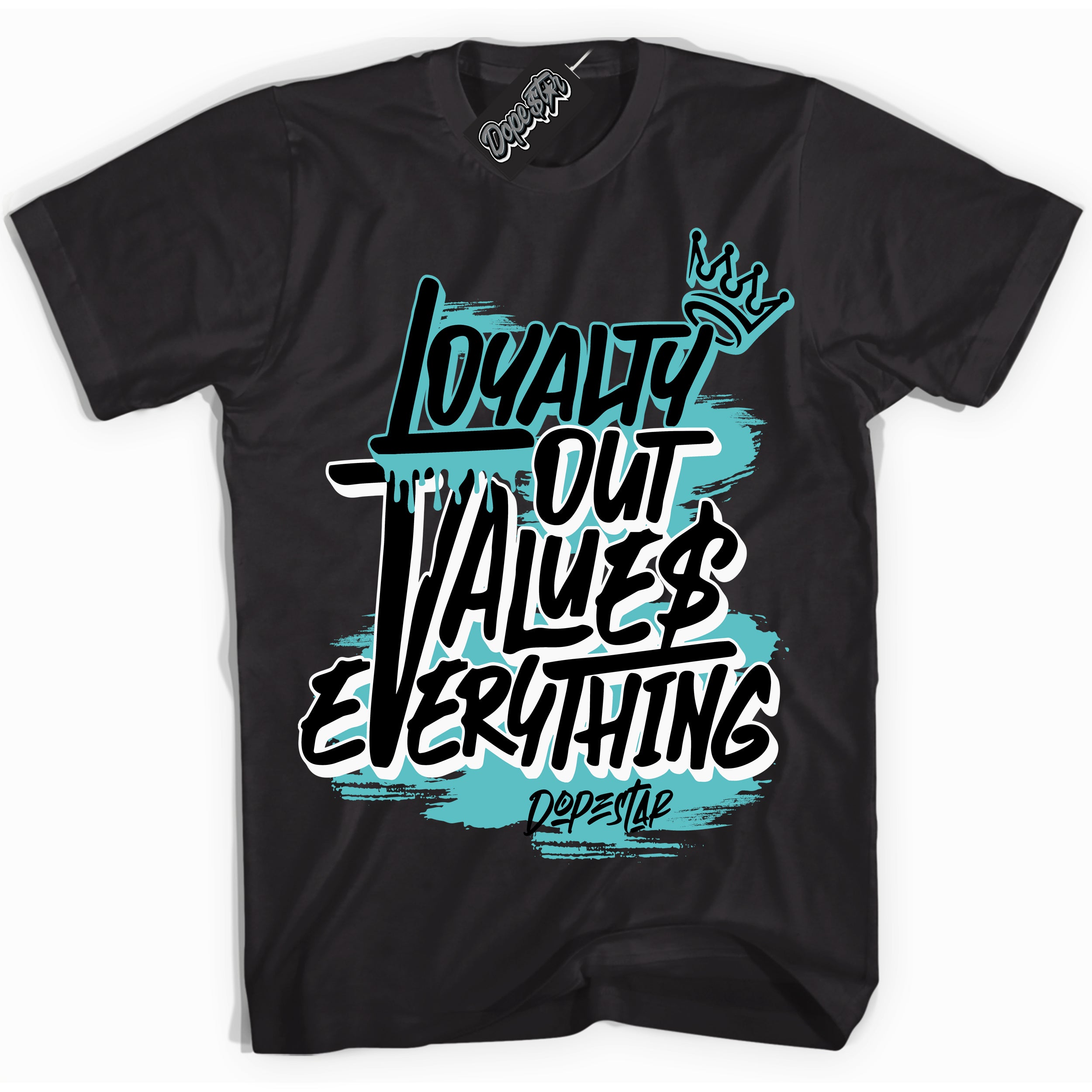 Dunk Low Retro Black Dusty Cactus 'Loyalty Out Values Everything' Shirt - Black Streetwear Mockup | Sneakerhead T-Shirt Matching Dunk Low Retro Black Dusty Cactus | Limited Edition Urban Streetwear for Sneaker Matching OOTD | Outfits that pair perfectly with your ND Low Retro Black Dusty Cactus | Sneakerhead Fashion Must-Have Apparel for Men and Women.