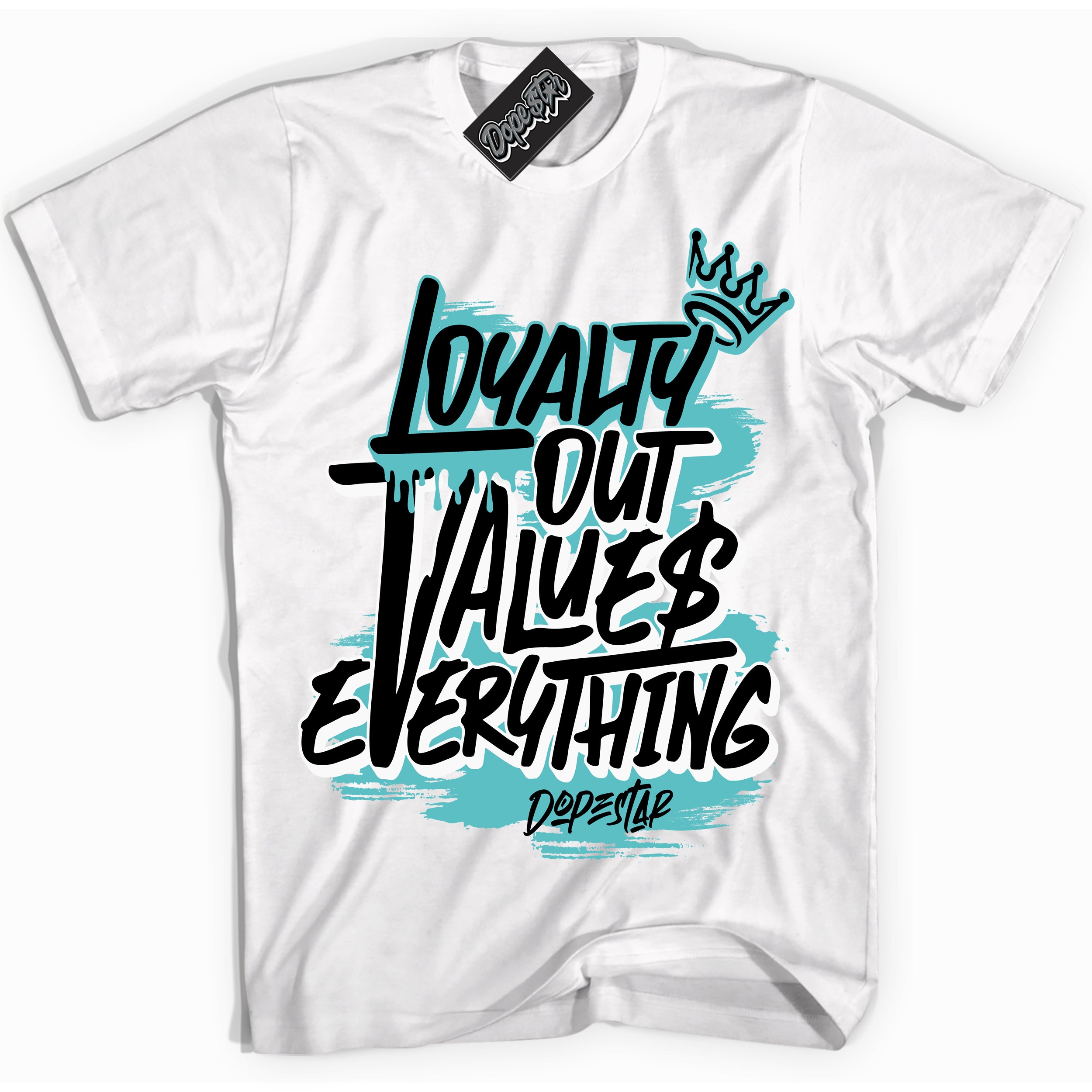 Dunk Low Retro Black Dusty Cactus 'Loyalty Out Values Everything' Shirt - White Streetwear Mockup | Sneakerhead T-Shirt Matching Dunk Low Retro Black Dusty Cactus | Limited Edition Urban Streetwear for Sneaker Matching OOTD | Outfits that pair perfectly with your ND Low Retro Black Dusty Cactus | Sneakerhead Fashion Must-Have Apparel for Men and Women.