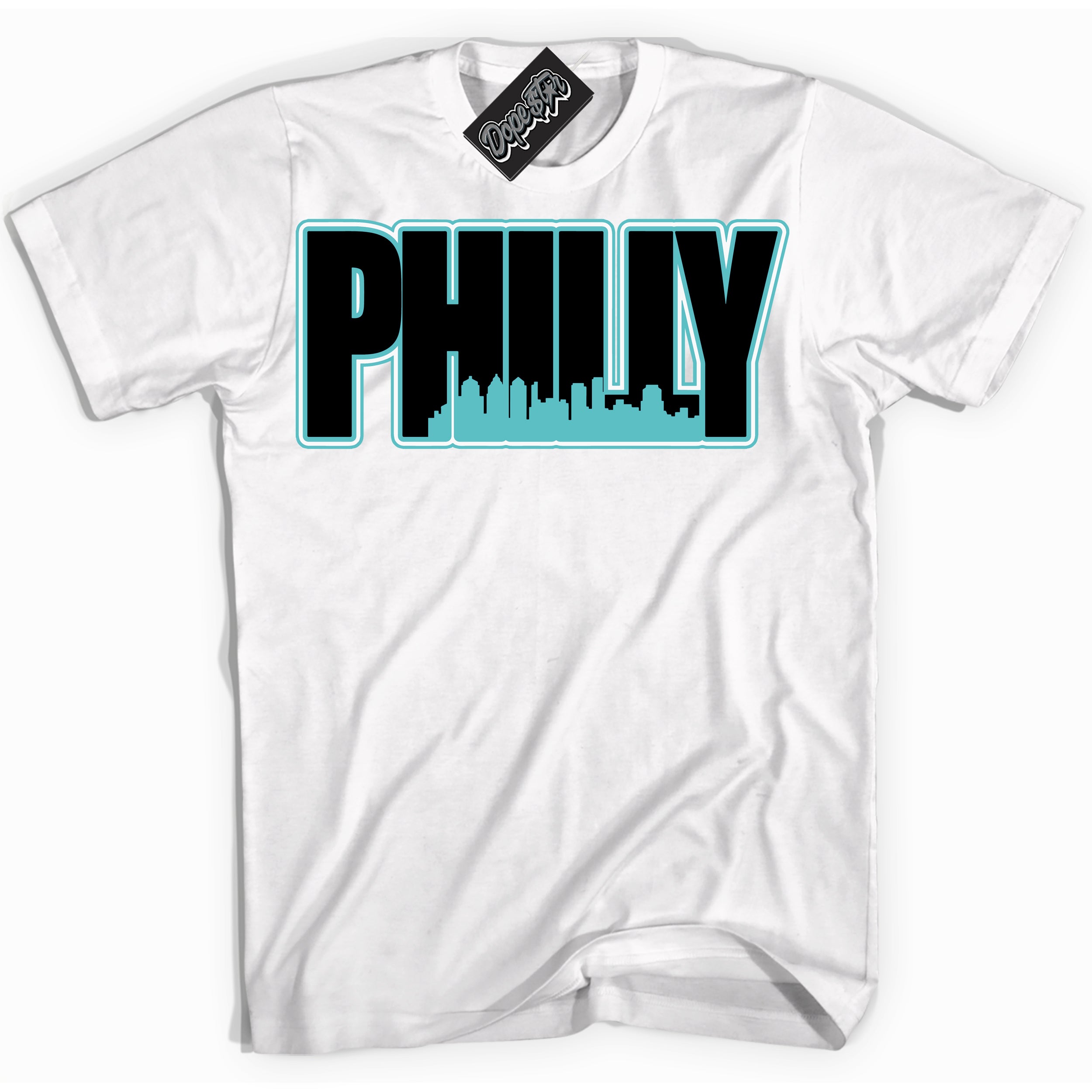 Dunk Low Retro Black Dusty Cactus 'Philly' Shirt - White Streetwear Mockup | Sneakerhead T-Shirt Matching Dunk Low Retro Black Dusty Cactus | Limited Edition Urban Streetwear for Sneaker Matching OOTD | Outfits that pair perfectly with your ND Low Retro Black Dusty Cactus | Sneakerhead Fashion Must-Have Apparel for Men and Women.