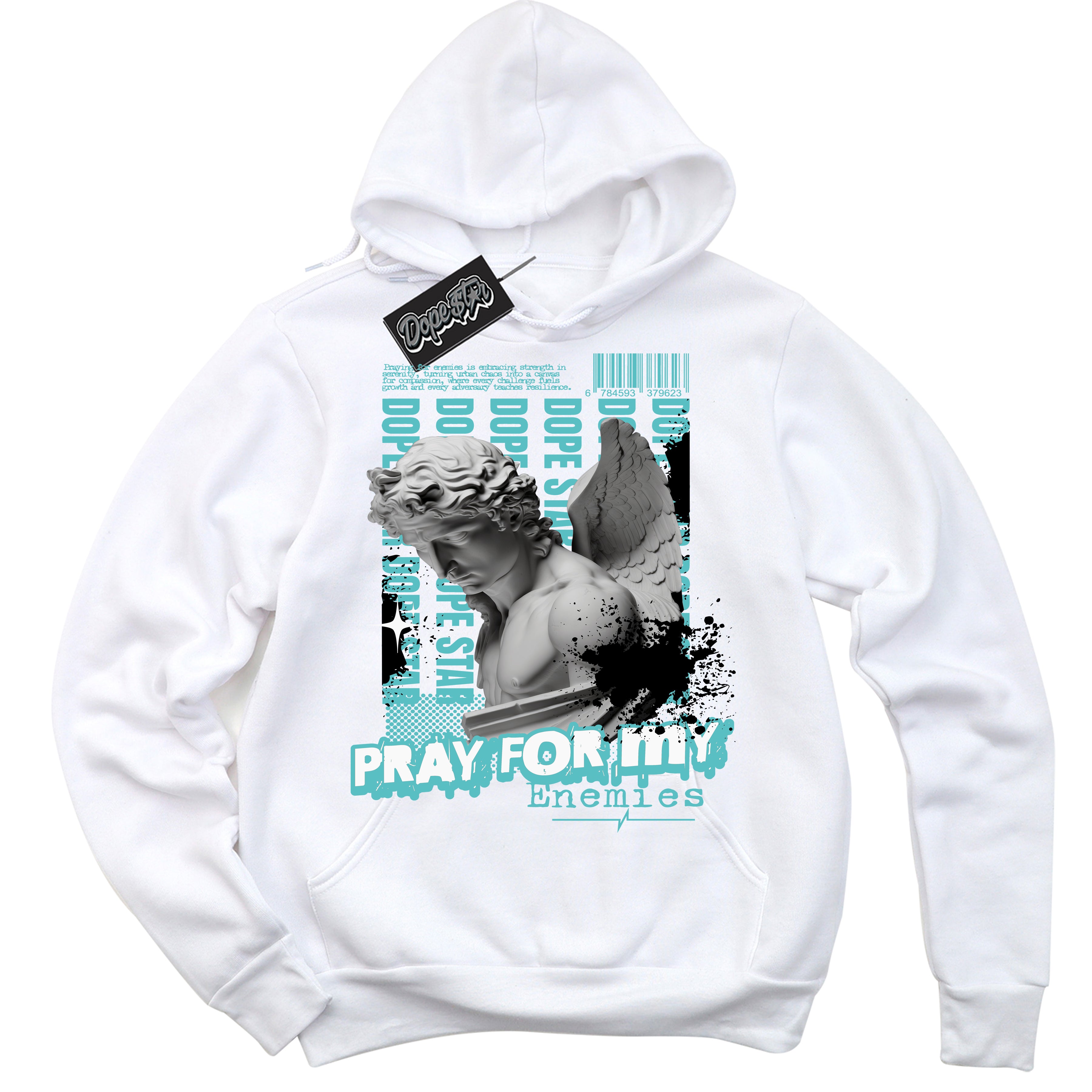 Dunk Low Retro Black Dusty Cactus 'Pray Enemies' Hoodie - White Streetwear Mockup | Sneakerhead Sweatshirt Matching Dunk Low Retro Black Dusty Cactus | Limited Edition Urban Streetwear for Sneaker Matching OOTD | Outfits that pair perfectly with your ND Low Retro Black Dusty Cactus | Sneakerhead Fashion Must-Have Apparel for Men and Women.