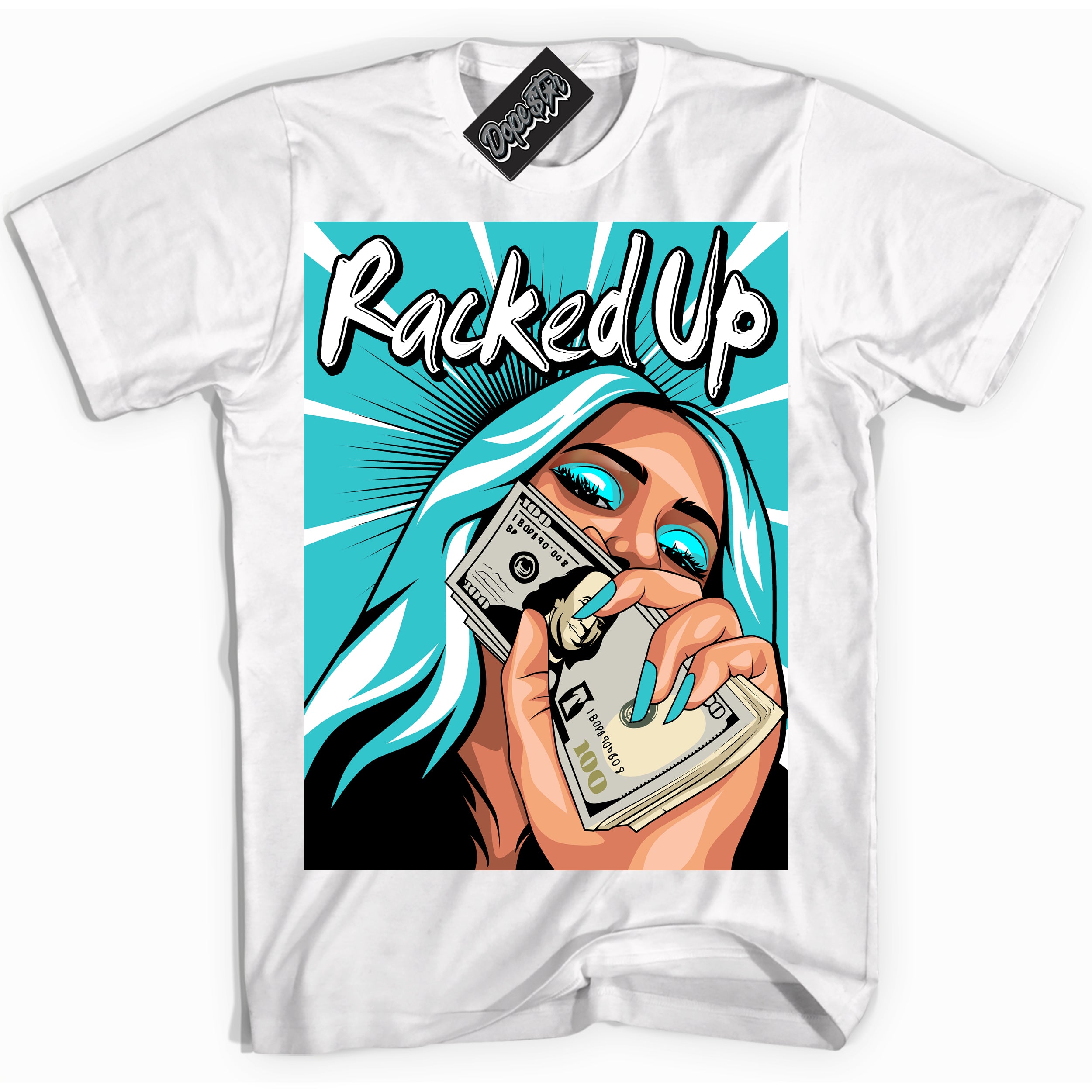 Dunk Low Retro Black Dusty Cactus 'Racked Up' Shirt - White Streetwear Mockup | Sneakerhead T-Shirt Matching Dunk Low Retro Black Dusty Cactus | Limited Edition Urban Streetwear for Sneaker Matching OOTD | Outfits that pair perfectly with your ND Low Retro Black Dusty Cactus | Sneakerhead Fashion Must-Have Apparel for Men and Women.