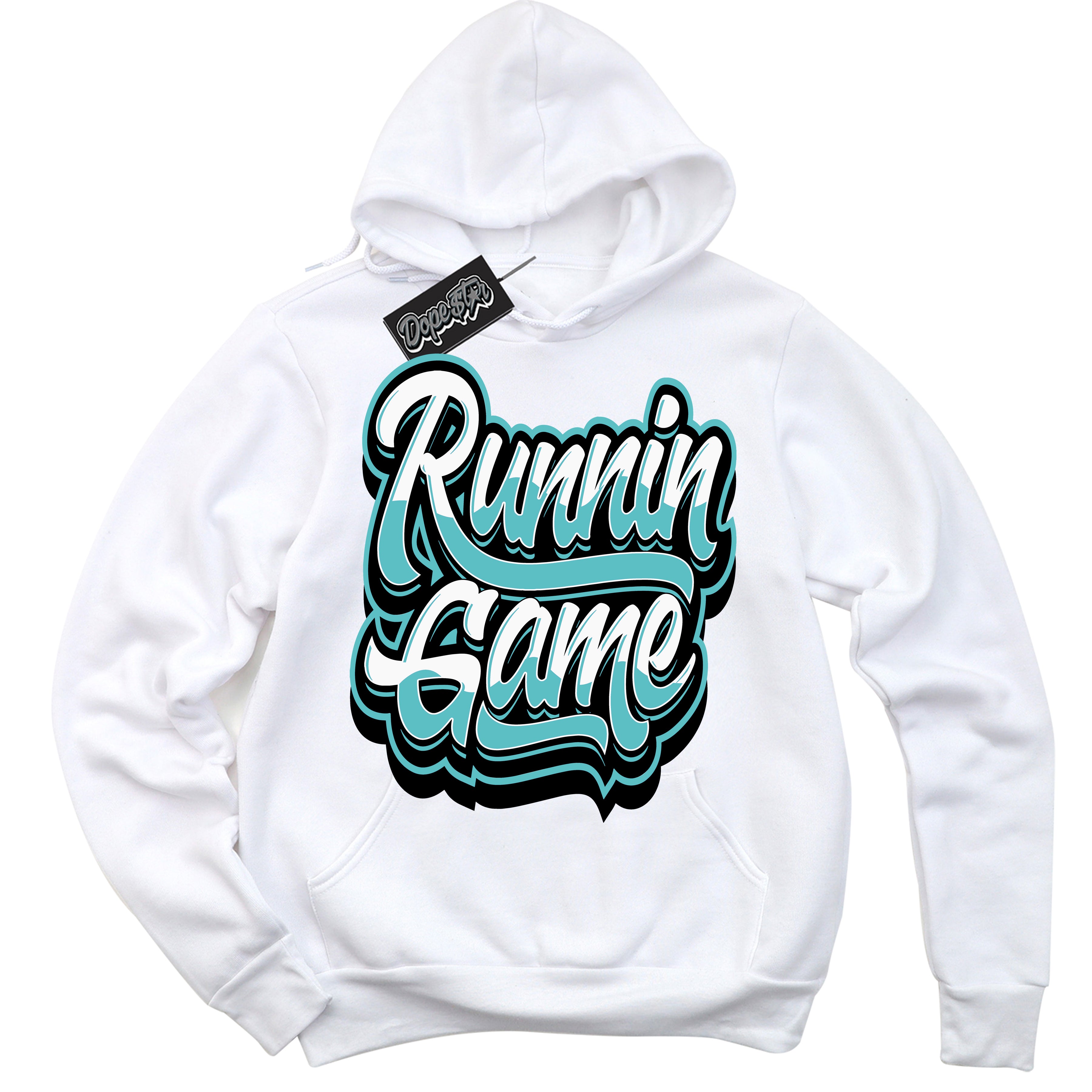 Dunk Low Retro Black Dusty Cactus 'Running Game' Hoodie - White Streetwear Mockup | Sneakerhead Sweatshirt Matching Dunk Low Retro Black Dusty Cactus | Limited Edition Urban Streetwear for Sneaker Matching OOTD | Outfits that pair perfectly with your ND Low Retro Black Dusty Cactus | Sneakerhead Fashion Must-Have Apparel for Men and Women.