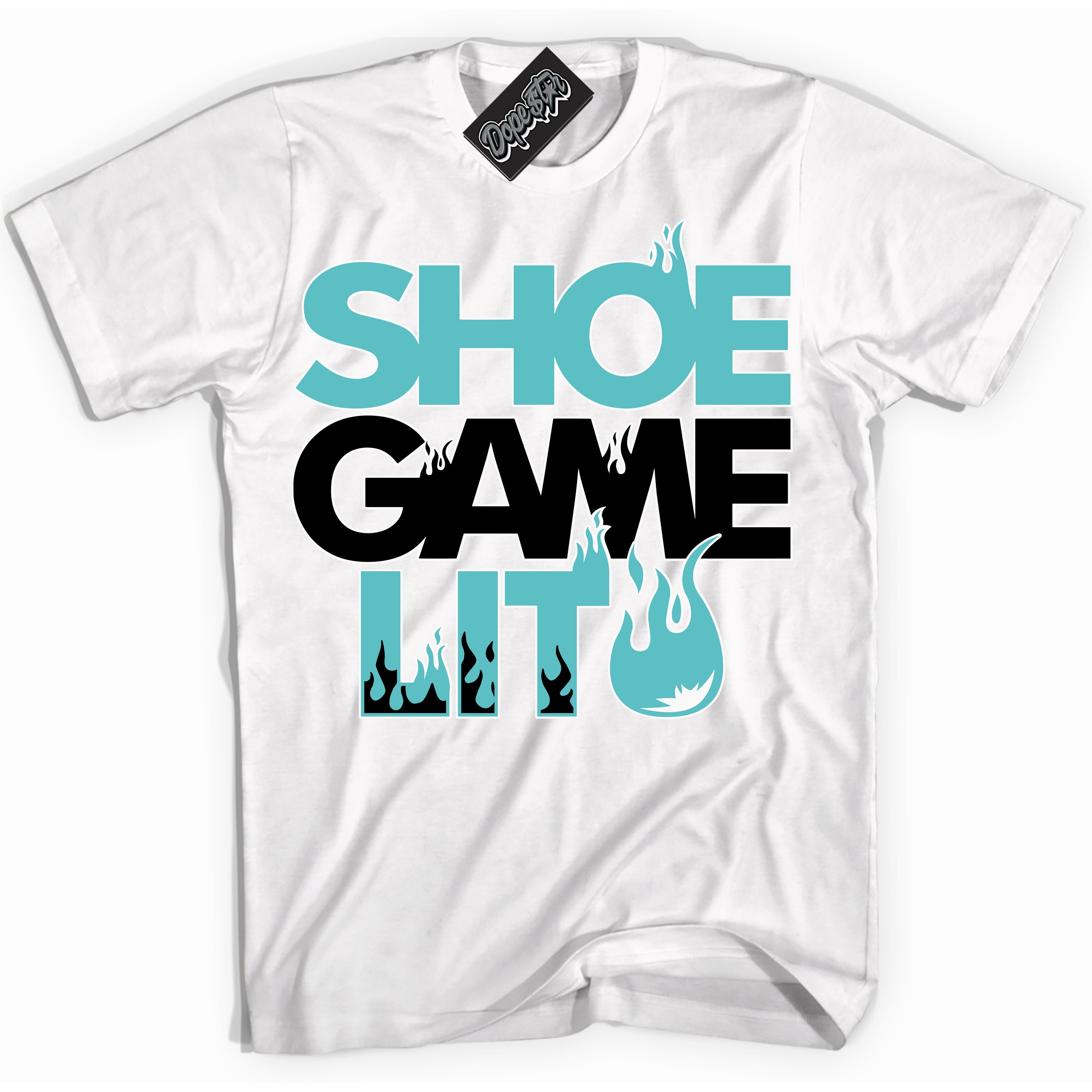 Dunk Low Retro Black Dusty Cactus 'Shoe Game Lit' Shirt - White Streetwear Mockup | Shoe Game Lit T-Shirt Matching Dunk Low Retro Black Dusty Cactus | Limited Edition Urban Streetwear for Sneaker Matching OOTD | Outfits that pair perfectly with your ND Low Retro Black Dusty Cactus | Shoe Game Lit Fashion Must-Have Apparel for Men and Women.