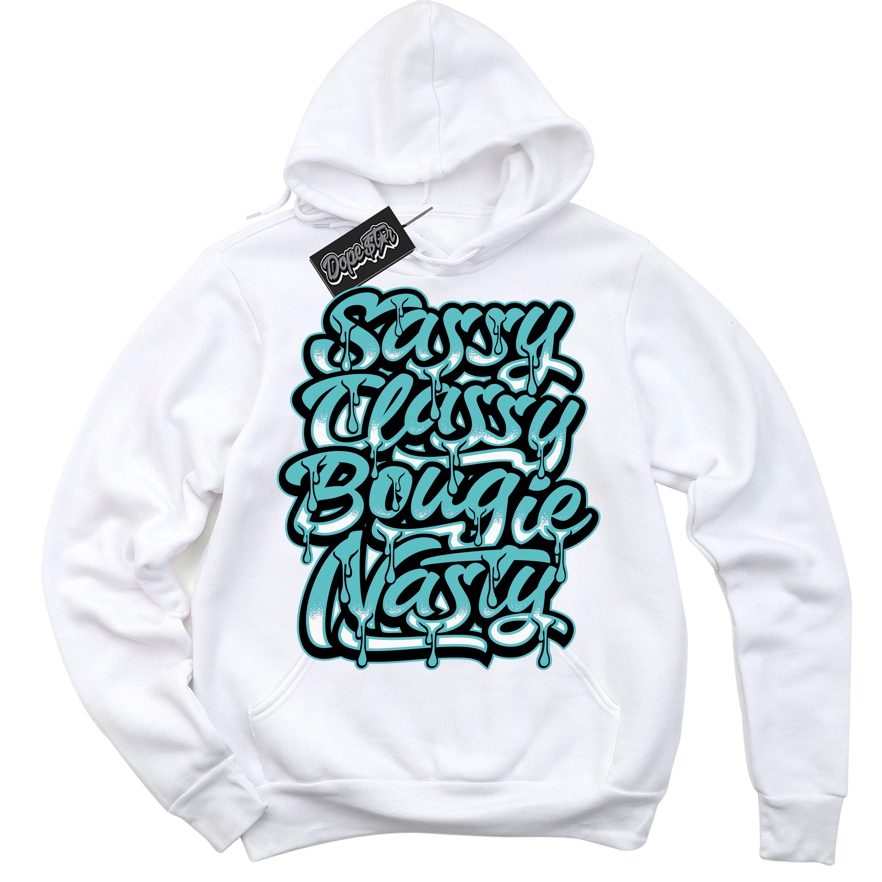 Dunk Low Retro Black Dusty Cactus 'Sassy Classy' Hoodie - White Streetwear Mockup | Sneakerhead Sweatshirt Matching Dunk Low Retro Black Dusty Cactus | Limited Edition Urban Streetwear for Sneaker Matching OOTD | Outfits that pair perfectly with your ND Low Retro Black Dusty Cactus | Sneakerhead Fashion Must-Have Apparel for Men and Women.