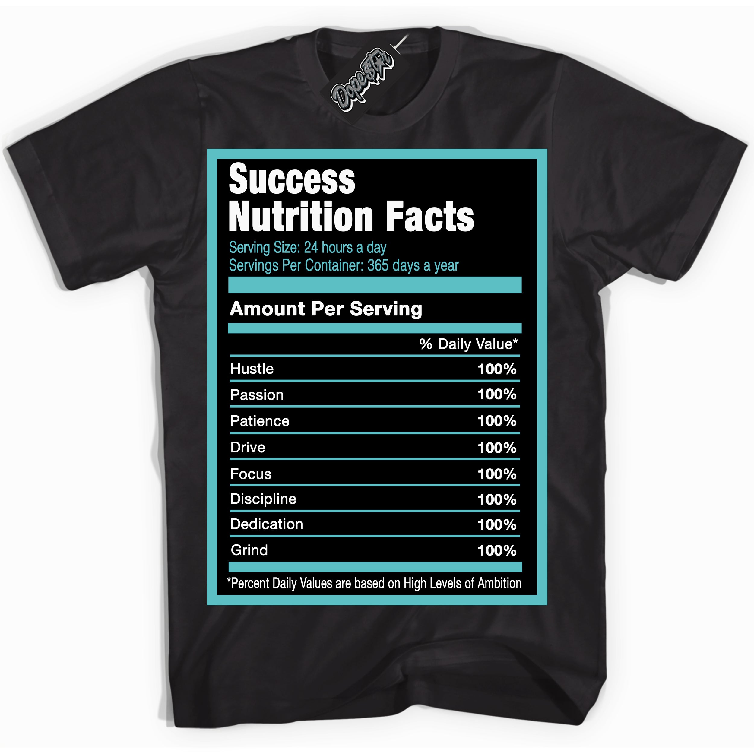 Dunk Low Retro Black Dusty Cactus 'Success Nutrition' Shirt - Black Streetwear Mockup | Sneakerhead T-Shirt Matching Dunk Low Retro Black Dusty Cactus | Limited Edition Urban Streetwear for Sneaker Matching OOTD | Outfits that pair perfectly with your ND Low Retro Black Dusty Cactus | Sneakerhead Fashion Must-Have Apparel for Men and Women.