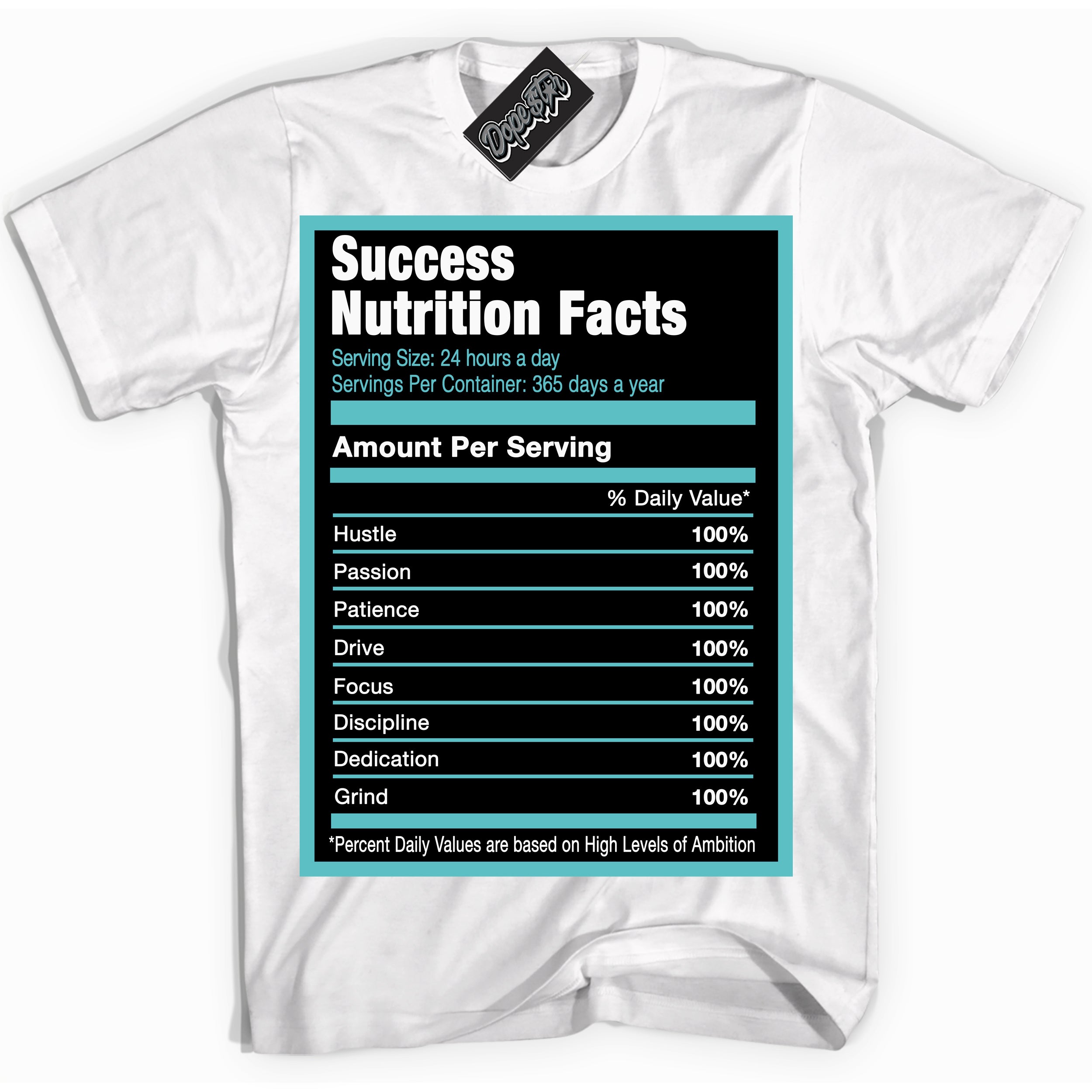 Dunk Low Retro Black Dusty Cactus 'Success Nutrition' Shirt - White Streetwear Mockup | Sneakerhead T-Shirt Matching Dunk Low Retro Black Dusty Cactus | Limited Edition Urban Streetwear for Sneaker Matching OOTD | Outfits that pair perfectly with your ND Low Retro Black Dusty Cactus | Sneakerhead Fashion Must-Have Apparel for Men and Women.