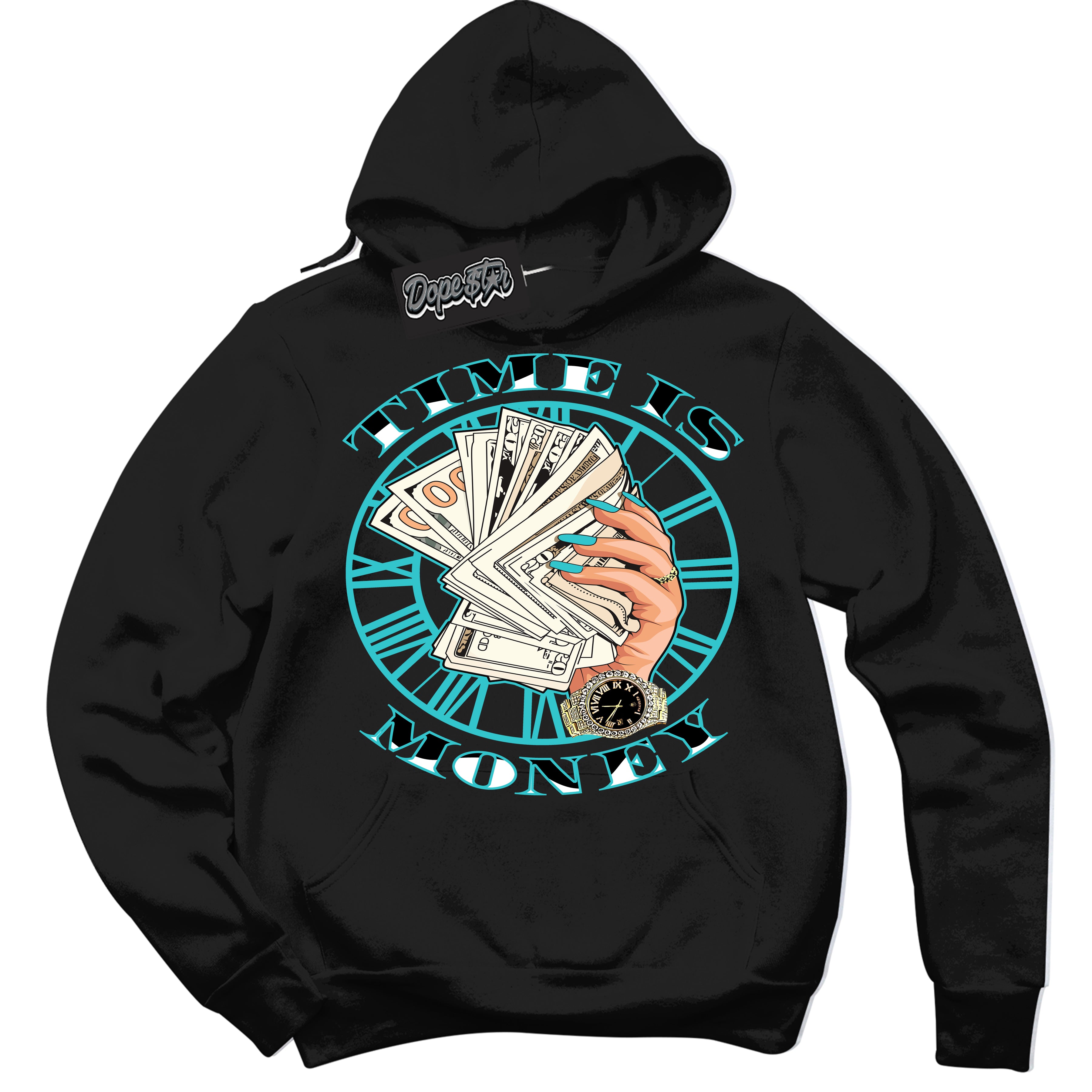 Dunk Low Retro Black Dusty Cactus 'Time Is Money' Hoodie - Black Streetwear Mockup | Sneakerhead Sweatshirt Matching Dunk Low Retro Black Dusty Cactus | Limited Edition Urban Streetwear for Sneaker Matching OOTD | Outfits that pair perfectly with your ND Low Retro Black Dusty Cactus | Sneakerhead Fashion Must-Have Apparel for Men and Women.