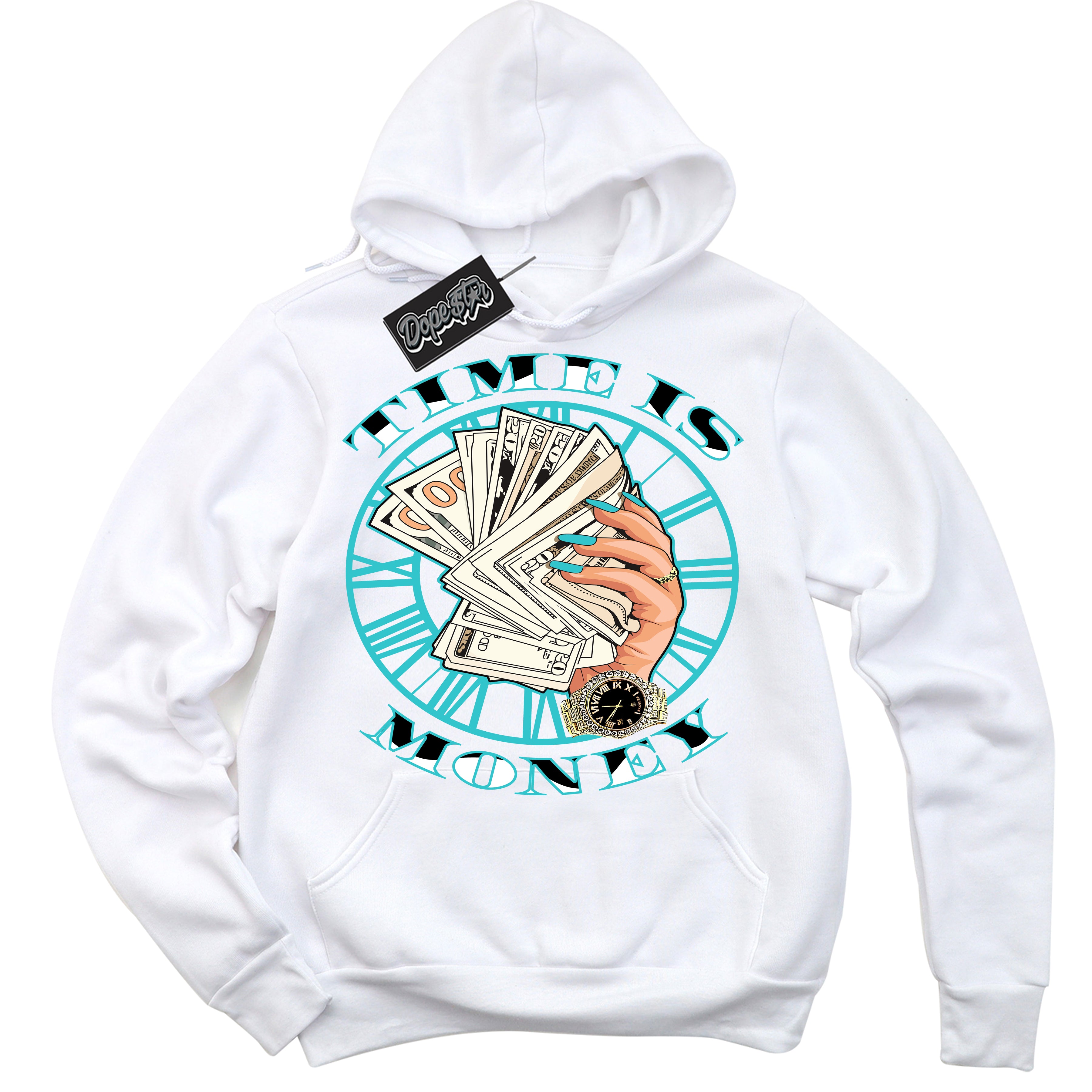 Dunk Low Retro Black Dusty Cactus 'Time Is Money' Hoodie - White Streetwear Mockup | Sneakerhead Sweatshirt Matching Dunk Low Retro Black Dusty Cactus | Limited Edition Urban Streetwear for Sneaker Matching OOTD | Outfits that pair perfectly with your ND Low Retro Black Dusty Cactus | Sneakerhead Fashion Must-Have Apparel for Men and Women.