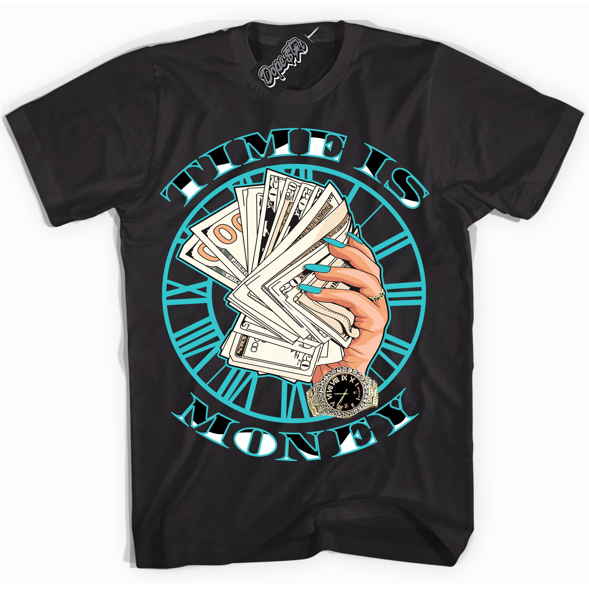 Dunk Low Retro Black Dusty Cactus 'Time Is Money' Shirt - Black Streetwear Mockup | Sneakerhead T-Shirt Matching Dunk Low Retro Black Dusty Cactus | Limited Edition Urban Streetwear for Sneaker Matching OOTD | Outfits that pair perfectly with your ND Low Retro Black Dusty Cactus | Sneakerhead Fashion Must-Have Apparel for Men and Women.