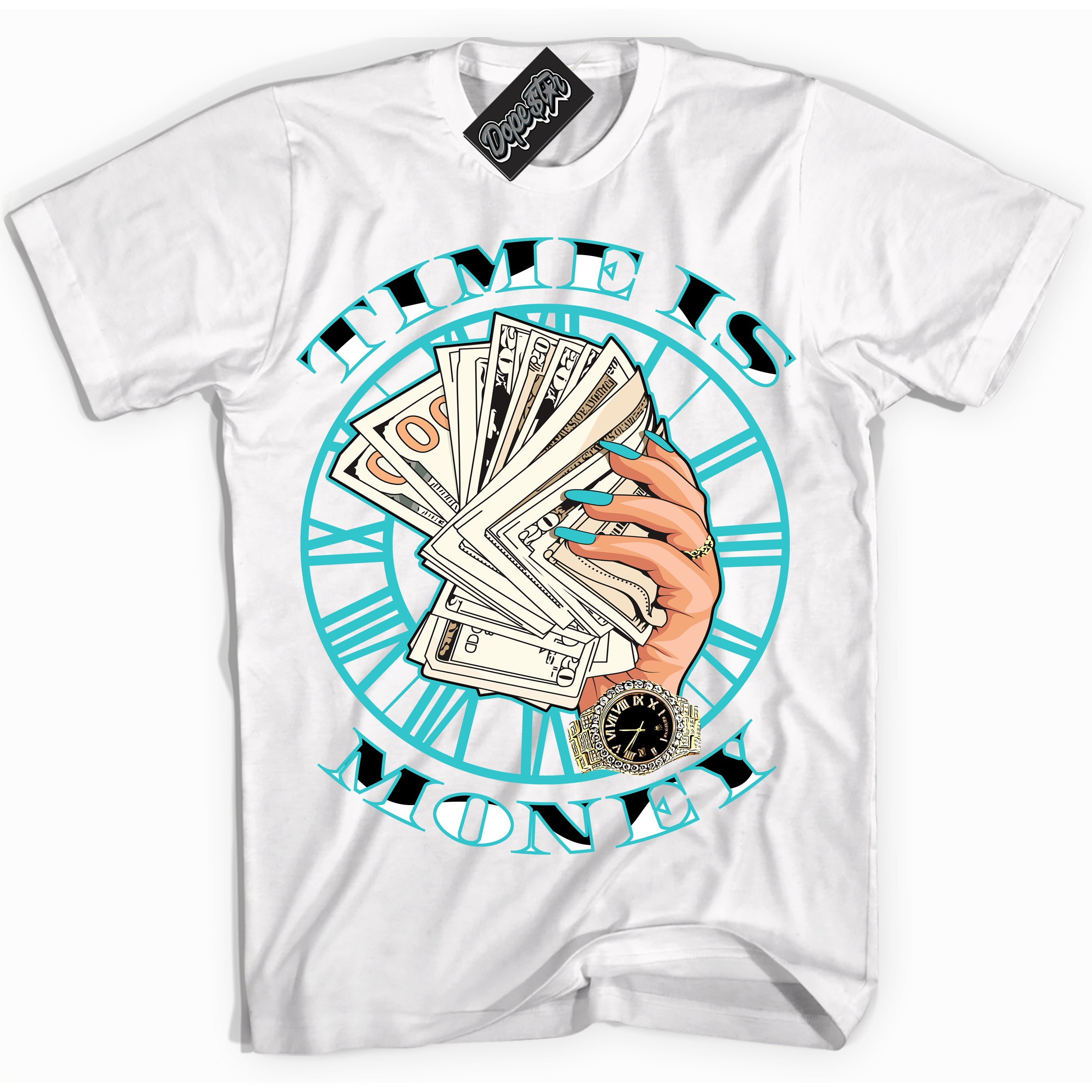 Dunk Low Retro Black Dusty Cactus 'Time Is Money' Shirt - White Streetwear Mockup | Sneakerhead T-Shirt Matching Dunk Low Retro Black Dusty Cactus | Limited Edition Urban Streetwear for Sneaker Matching OOTD | Outfits that pair perfectly with your ND Low Retro Black Dusty Cactus | Sneakerhead Fashion Must-Have Apparel for Men and Women.