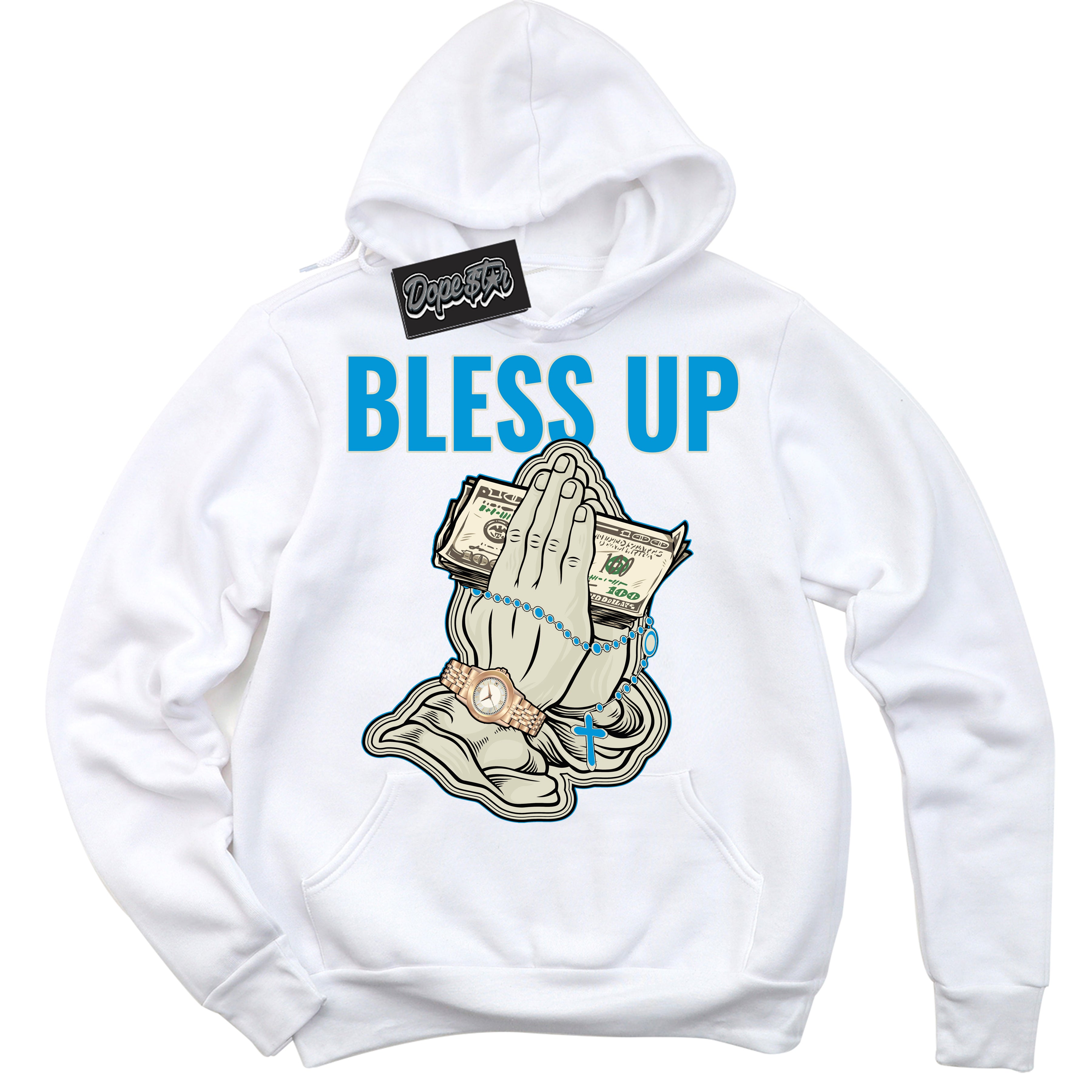 Dunk Low Coconut Milk University Blue 'Bless Up' Hoodie – White Streetwear Sweatshirt | Sneaker Matching Hoodie for Dunk Low Coconut Milk University Blue | Urban Fashion for Bless Up | Men's & Women's Streetwear Outfit by Sneaker Shirts Outlet.