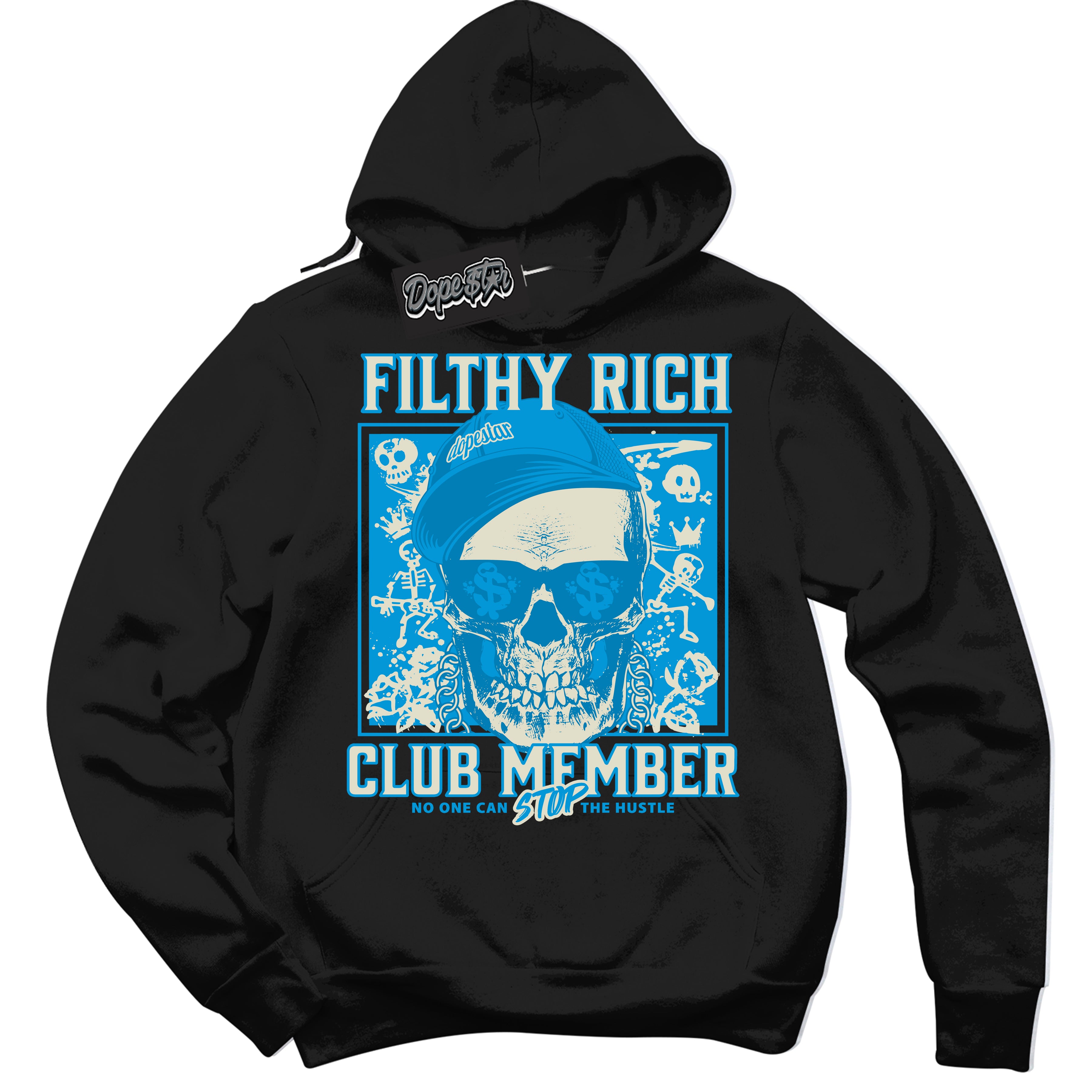 Dunk Low Coconut Milk University Blue 'Filthy Rich' Hoodie – Black Streetwear Sweatshirt | Sneaker Matching Hoodie for Dunk Low Coconut Milk University Blue | Urban Fashion for Filthy Rich | Men's & Women's Streetwear Outfit by Sneaker Shirts Outlet.