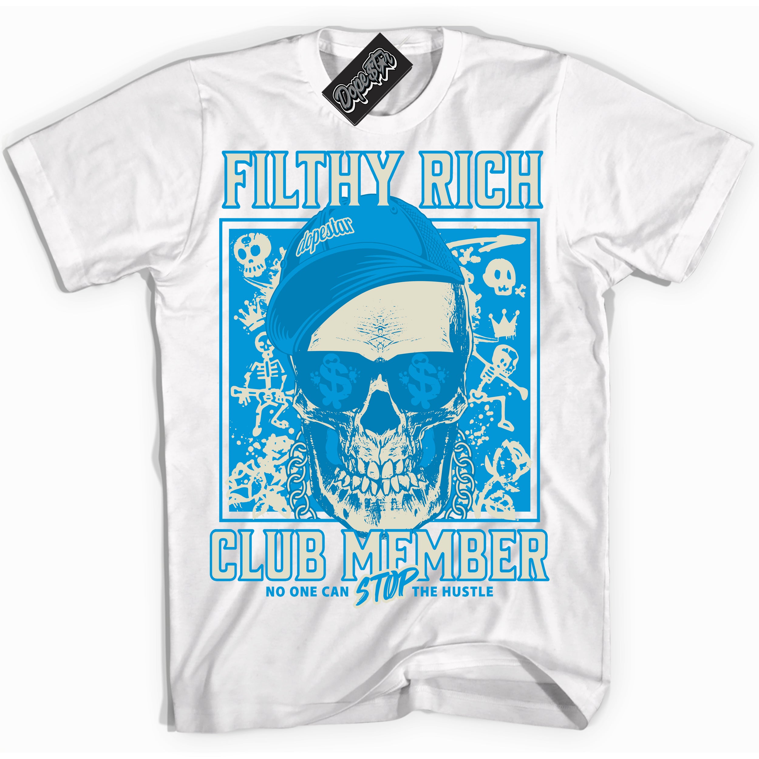 Dunk Low Coconut Milk University Blue 'Filthy Rich' Shirt – White Streetwear T-Shirt | Sneaker Matching Tee for Dunk Low Coconut Milk University Blue | Urban Fashion for Filthy Rich | Men's & Women's Streetwear Outfit by Sneaker Shirts Outlet.