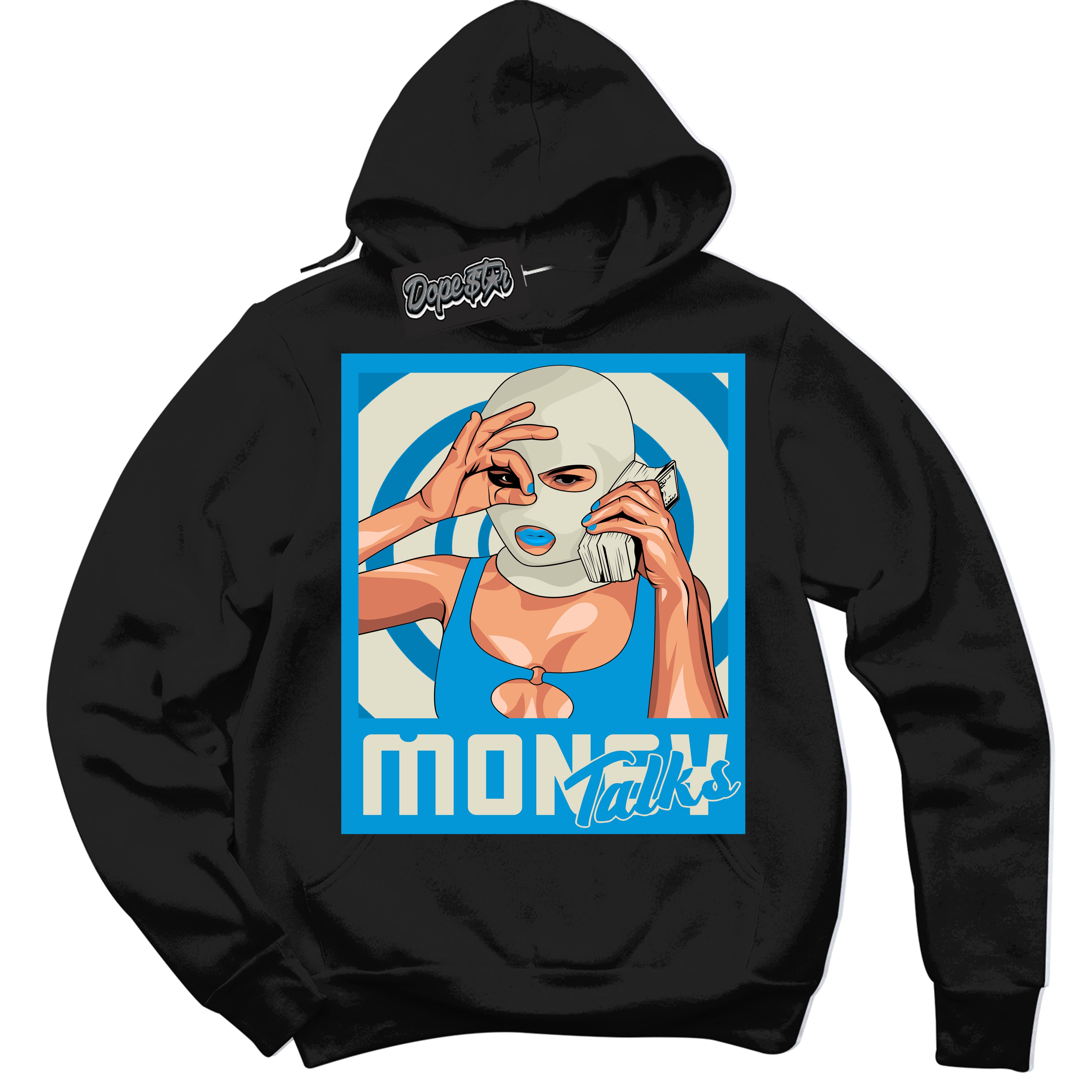 Dunk Low Coconut Milk University Blue 'Money Talks' Hoodie – Black Streetwear Sweatshirt | Sneaker Matching Hoodie for Dunk Low Coconut Milk University Blue | Urban Fashion for Money Talks | Men's & Women's Streetwear Outfit by Sneaker Shirts Outlet.