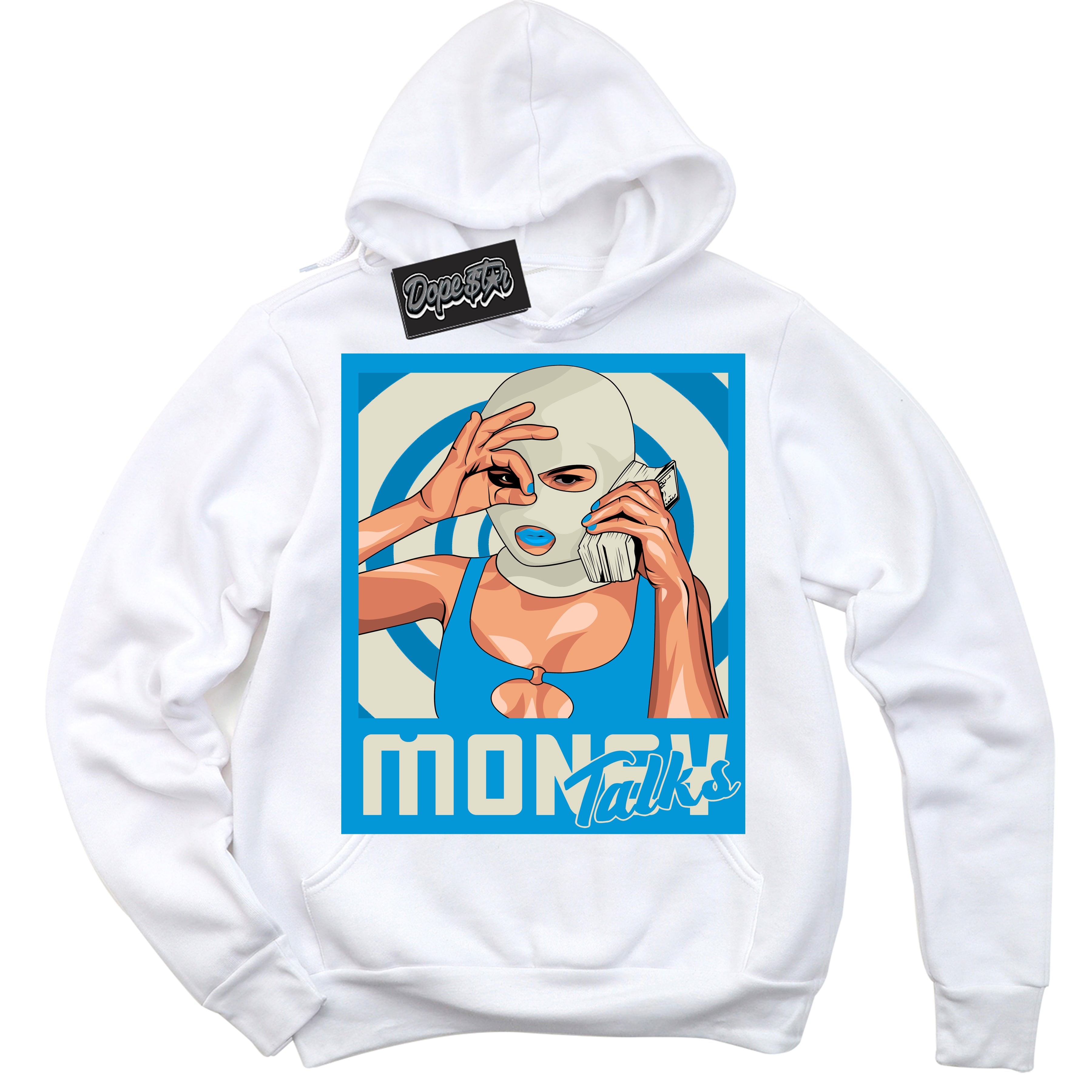 Dunk Low Coconut Milk University Blue 'Money Talks' Hoodie – White Streetwear Sweatshirt | Sneaker Matching Hoodie for Dunk Low Coconut Milk University Blue | Urban Fashion for Money Talks | Men's & Women's Streetwear Outfit by Sneaker Shirts Outlet.