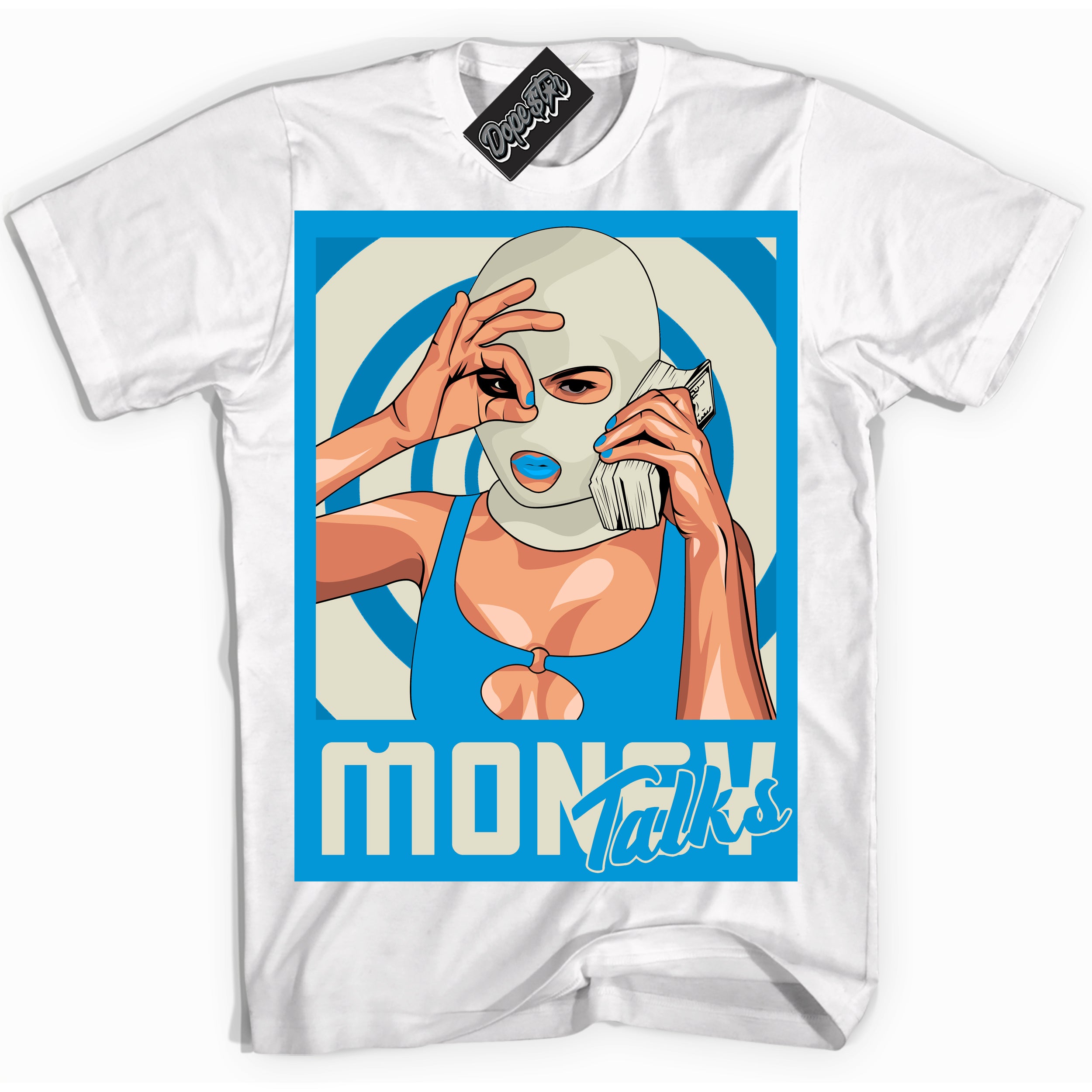 Dunk Low Coconut Milk University Blue 'Money Talks' Shirt – White Streetwear T-Shirt | Sneaker Matching Tee for Dunk Low Coconut Milk University Blue | Urban Fashion for Money Talks | Men's & Women's Streetwear Outfit by Sneaker Shirts Outlet.