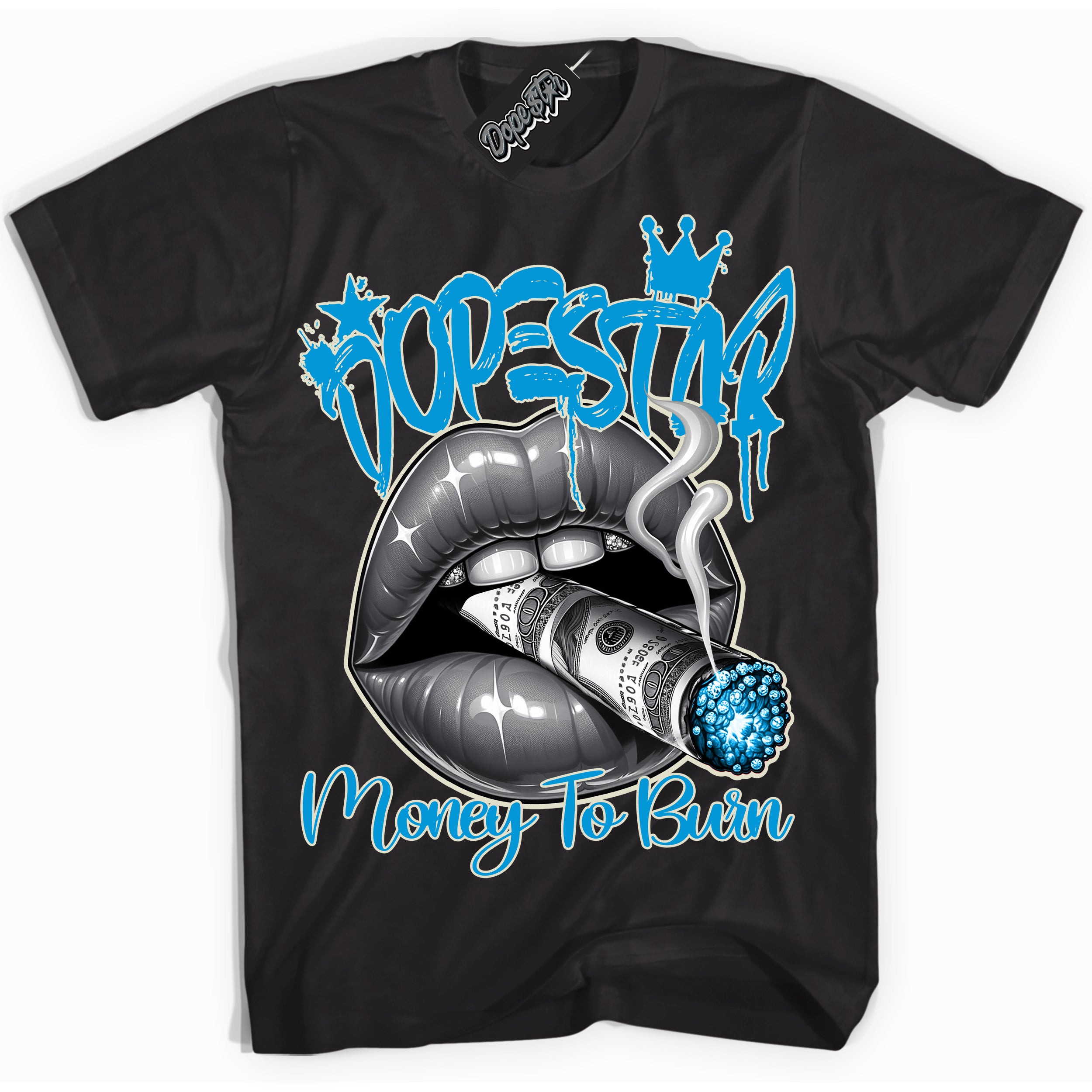 Dunk Low Coconut Milk University Blue 'Money To Burn' Shirt – Black Streetwear T-Shirt | Sneaker Matching Tee for Dunk Low Coconut Milk University Blue | Urban Fashion for Money To Burn | Men's & Women's Streetwear Outfit by Sneaker Shirts Outlet.