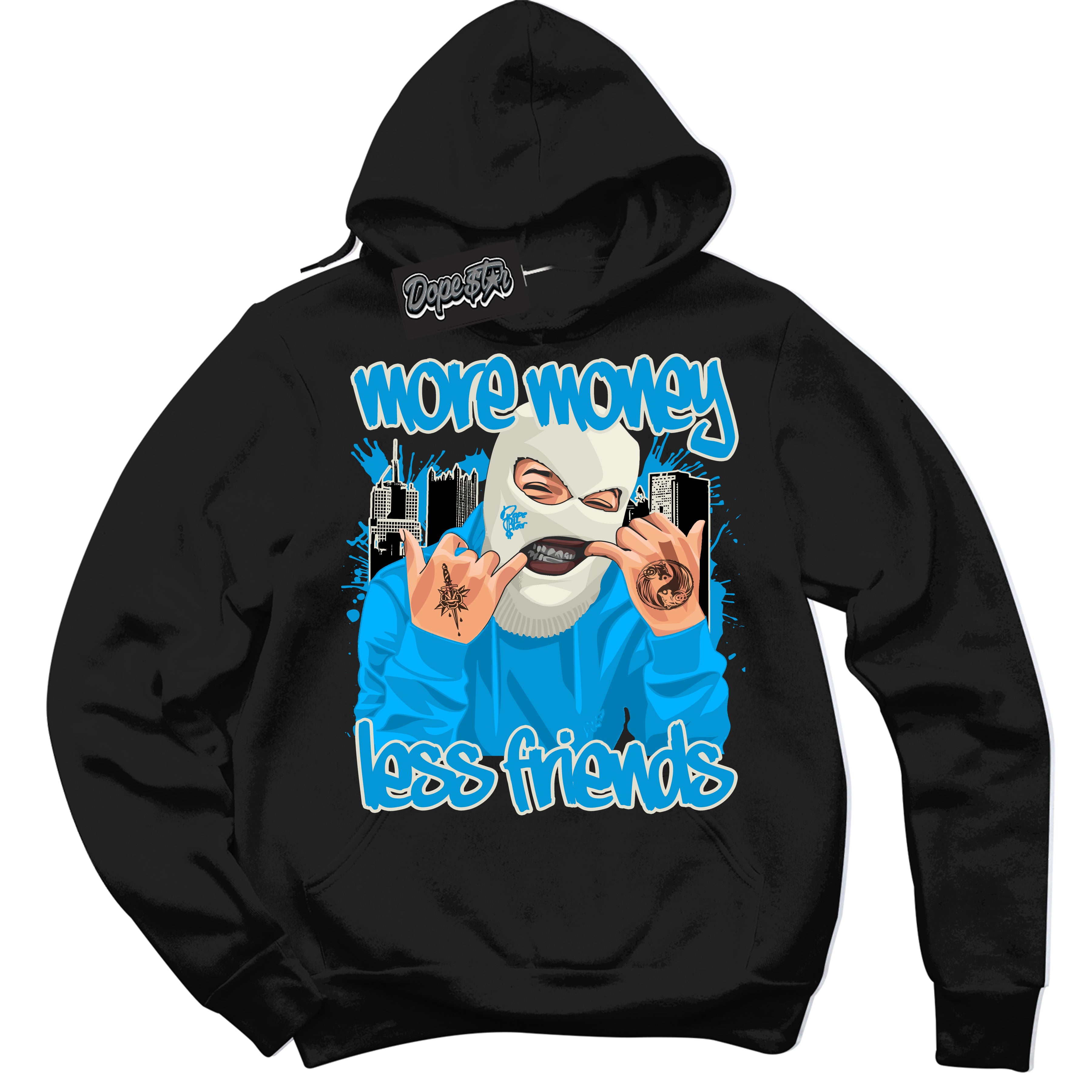 Dunk Low Coconut Milk University Blue 'More Money Less Friends' Hoodie – Black Streetwear Sweatshirt | Sneaker Matching Hoodie for Dunk Low Coconut Milk University Blue | Urban Fashion for More Money Less Friends | Men's & Women's Streetwear Outfit by Sneaker Shirts Outlet.