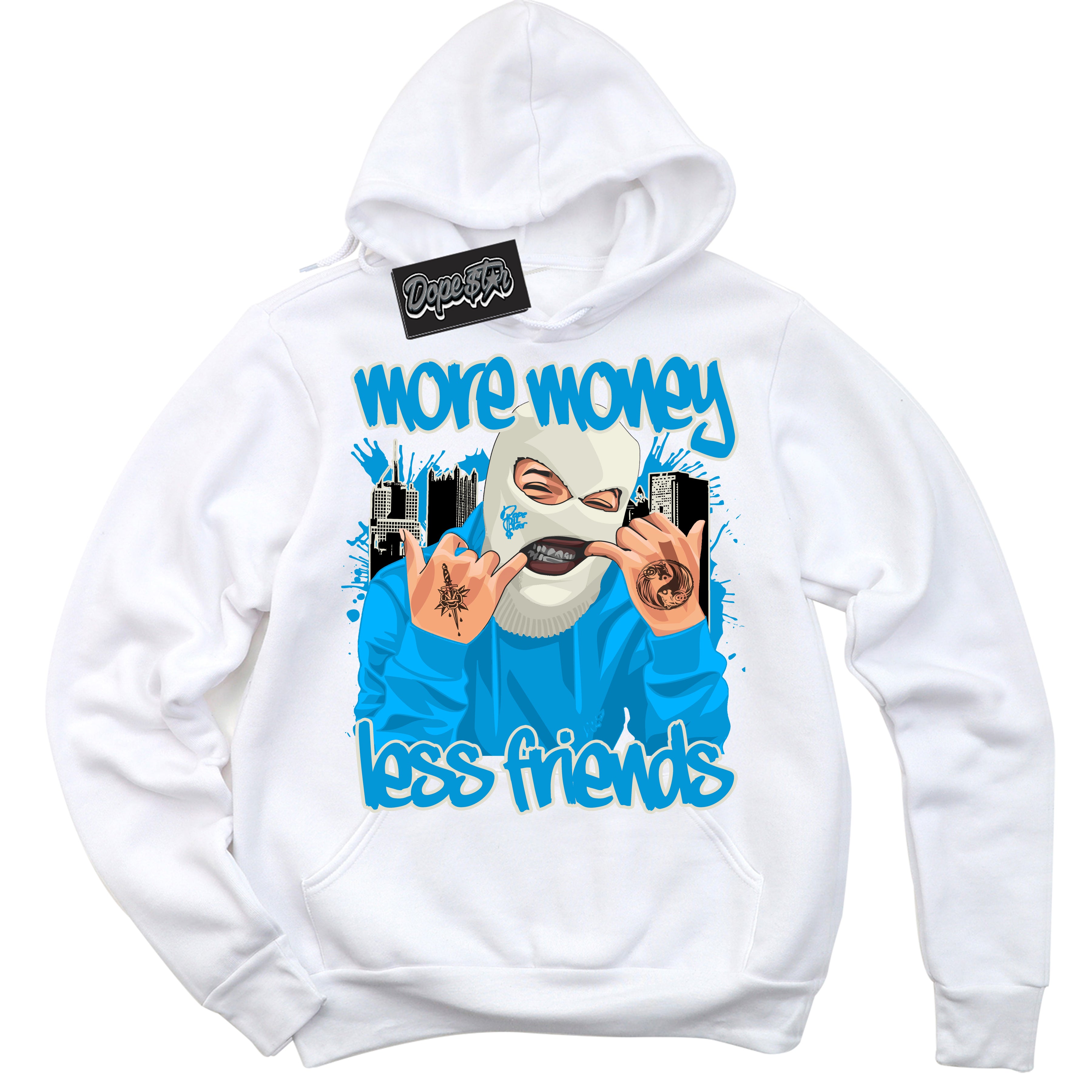 Dunk Low Coconut Milk University Blue 'More Money Less Friends' Hoodie – White Streetwear Sweatshirt | Sneaker Matching Hoodie for Dunk Low Coconut Milk University Blue | Urban Fashion for More Money Less Friends | Men's & Women's Streetwear Outfit by Sneaker Shirts Outlet.