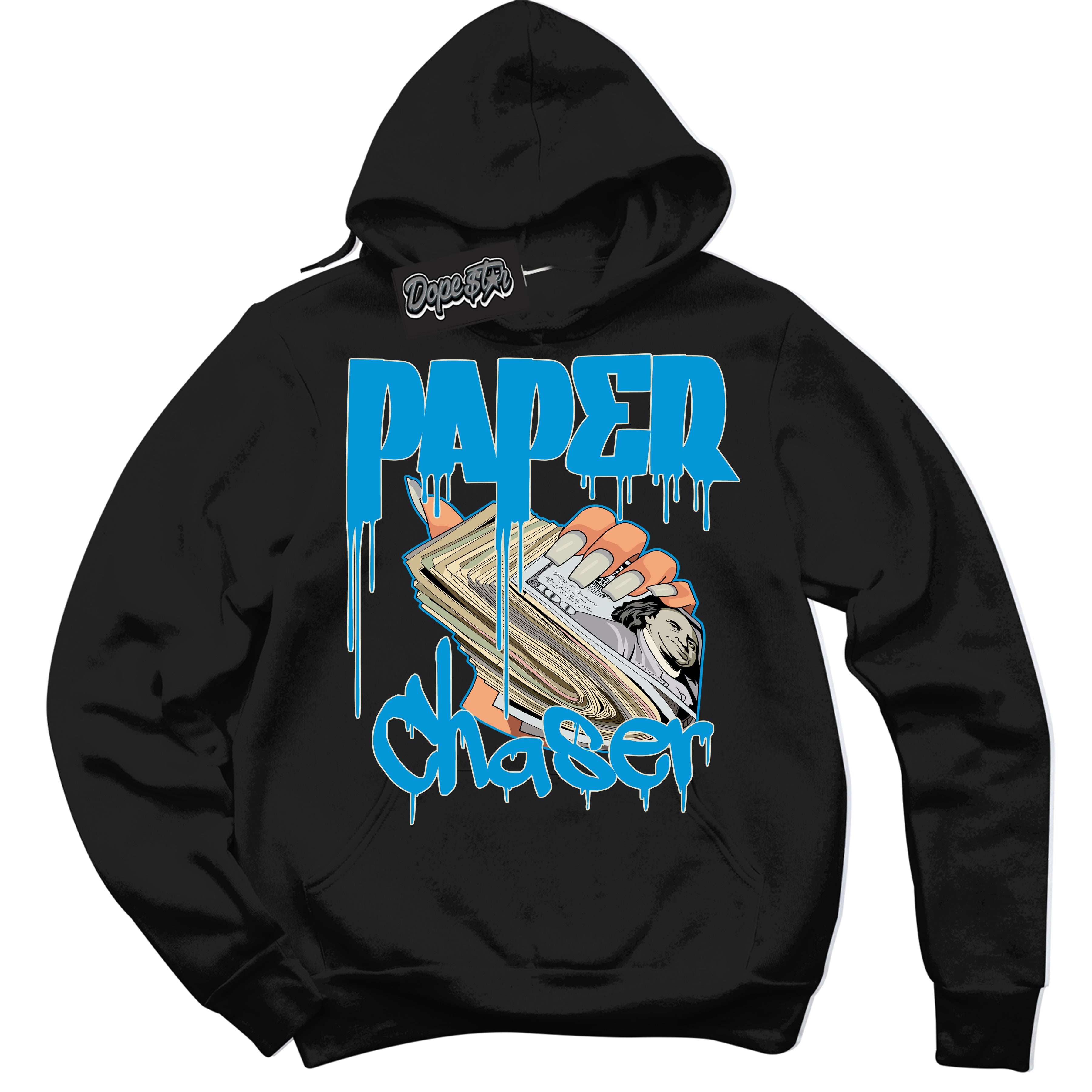 Dunk Low Coconut Milk University Blue 'Paper Chaser' Hoodie – Black Streetwear Sweatshirt | Sneaker Matching Hoodie for Dunk Low Coconut Milk University Blue | Urban Fashion for Paper Chaser | Men's & Women's Streetwear Outfit by Sneaker Shirts Outlet.