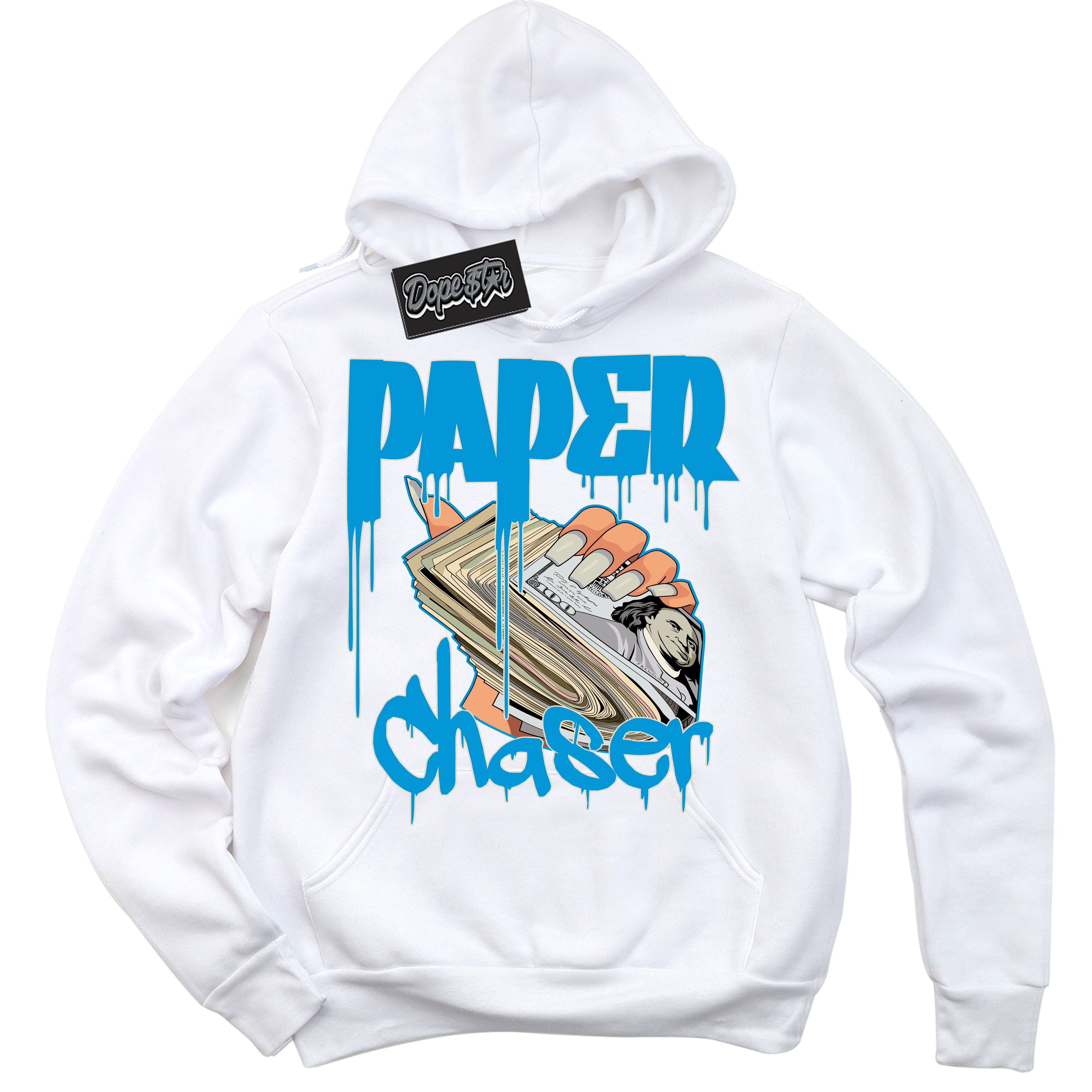 Dunk Low Coconut Milk University Blue 'Paper Chaser' Hoodie – White Streetwear Sweatshirt | Sneaker Matching Hoodie for Dunk Low Coconut Milk University Blue | Urban Fashion for Paper Chaser | Men's & Women's Streetwear Outfit by Sneaker Shirts Outlet.