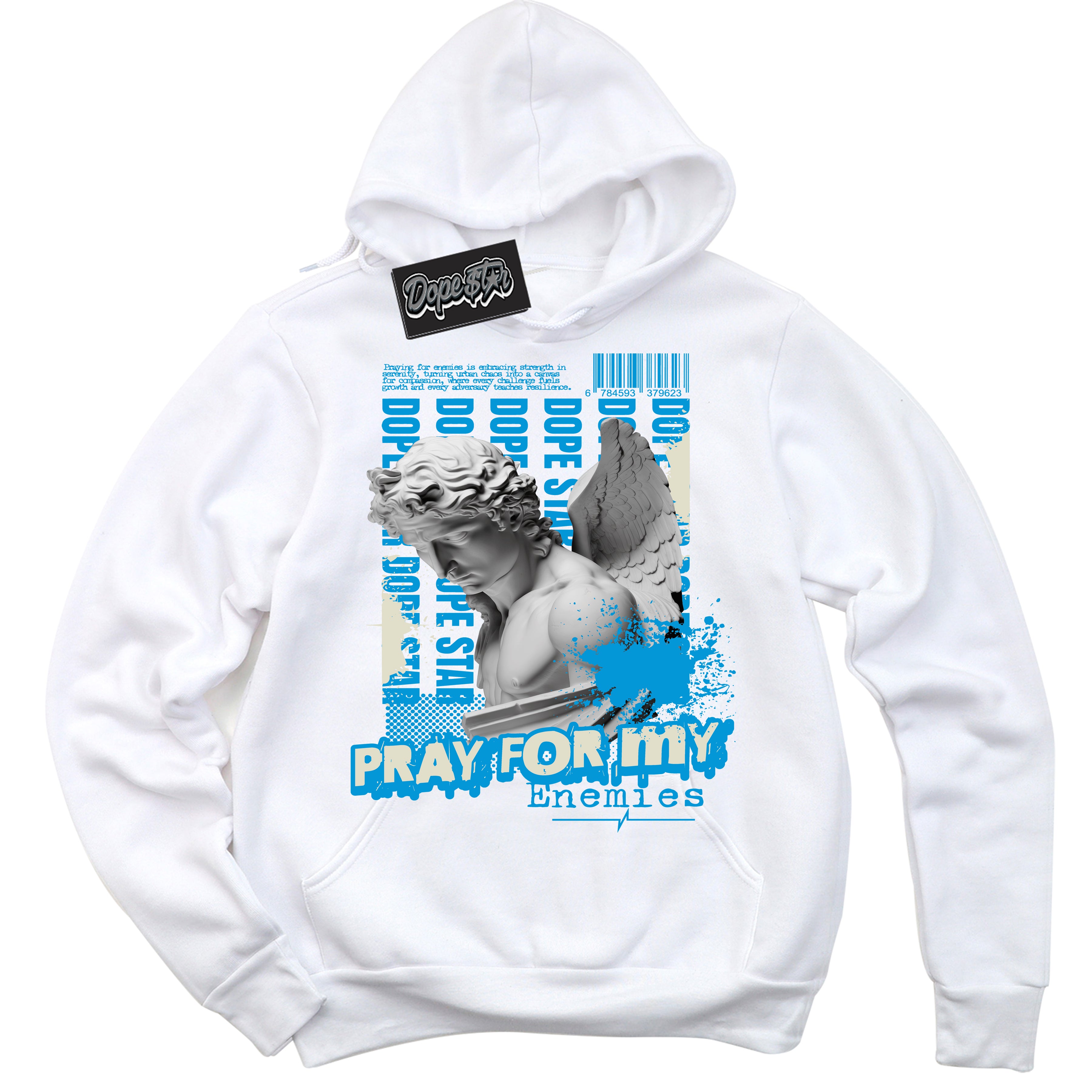 Dunk Low Coconut Milk University Blue 'Pray Enemies' Hoodie – White Streetwear Sweatshirt | Sneaker Matching Hoodie for Dunk Low Coconut Milk University Blue | Urban Fashion for Pray Enemies | Men's & Women's Streetwear Outfit by Sneaker Shirts Outlet.