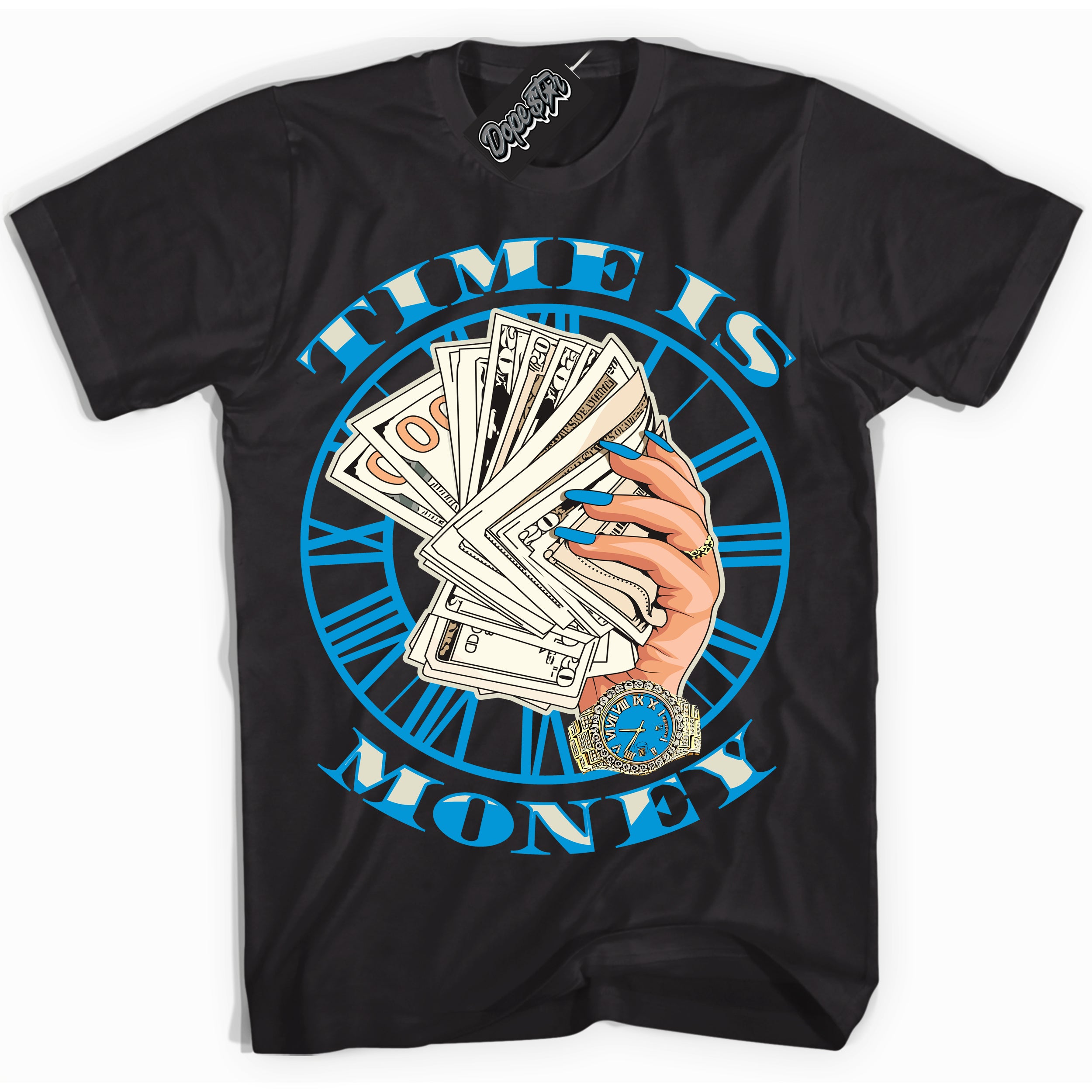 Dunk Low Coconut Milk University Blue 'Time Is Money' Shirt – Black Streetwear T-Shirt | Sneaker Matching Tee for Dunk Low Coconut Milk University Blue | Urban Fashion for Sneakerheads | Men's & Women's Streetwear Outfit by Sneaker Shirts Outlet.