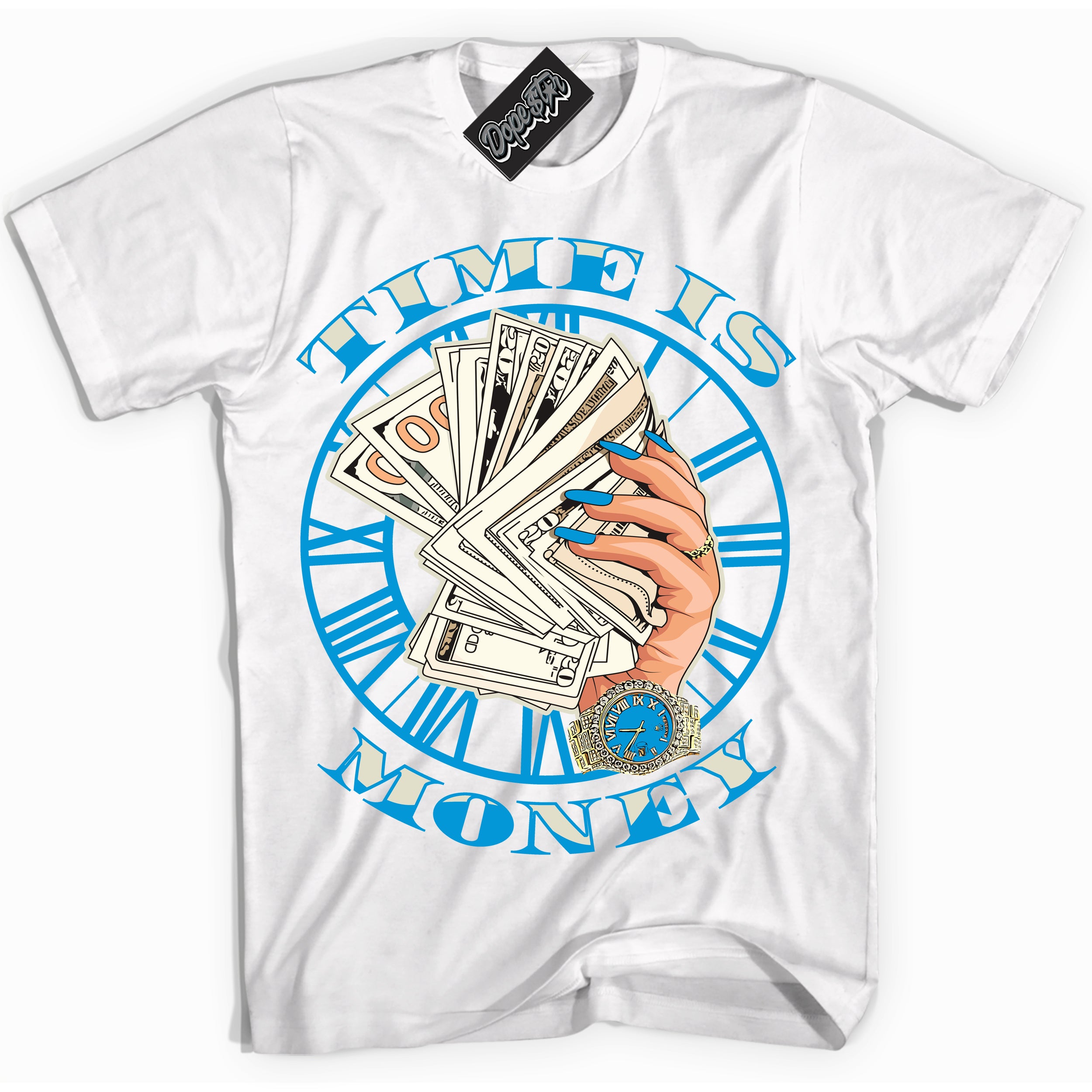 Dunk Low Coconut Milk University Blue 'Time Is Money' Shirt – White Streetwear T-Shirt | Sneaker Matching Tee for Dunk Low Coconut Milk University Blue | Urban Fashion for Sneakerheads | Men's & Women's Streetwear Outfit by Sneaker Shirts Outlet.