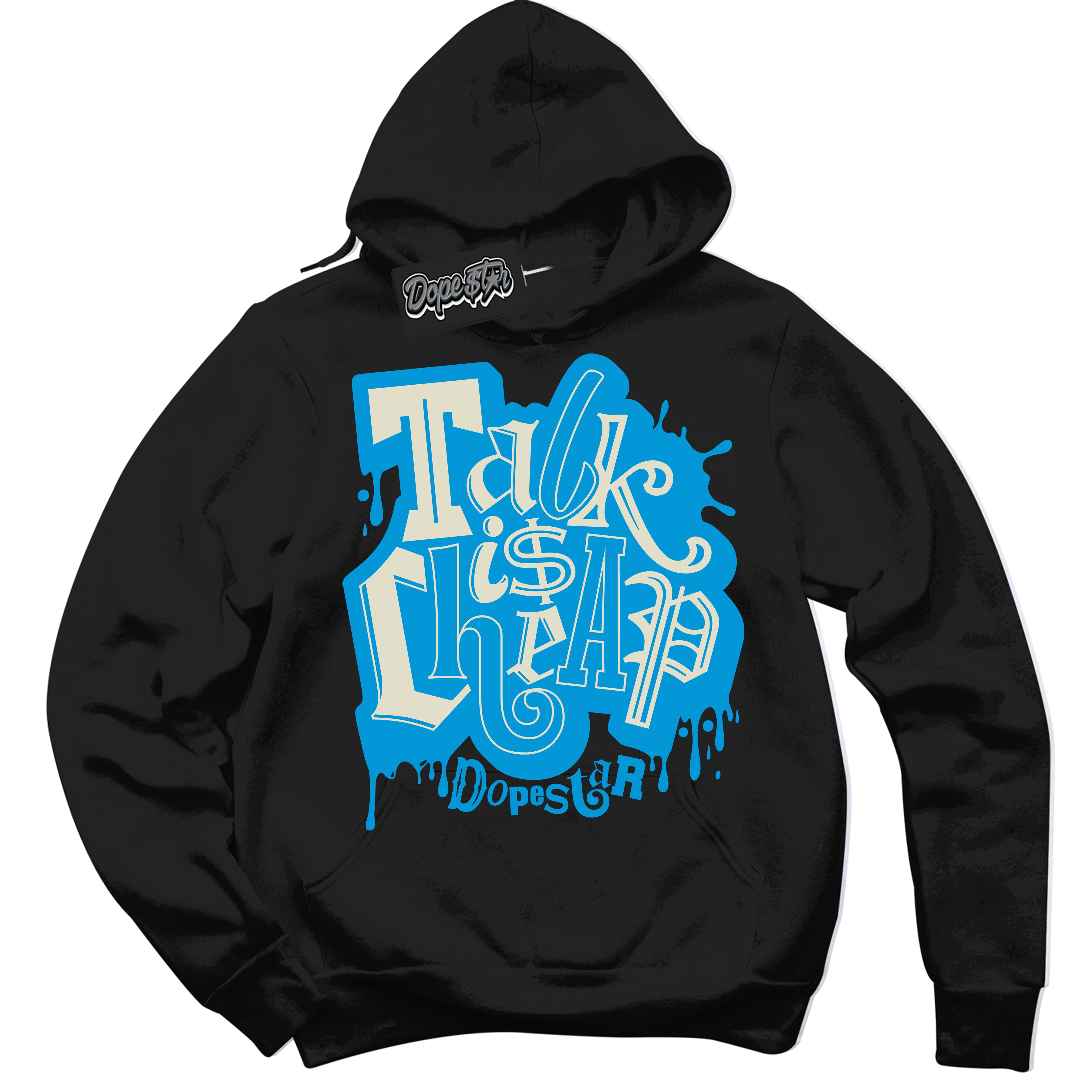 Dunk Low Coconut Milk University Blue 'Talk Is Cheap' Hoodie – Black Streetwear Sweatshirt | Sneaker Matching Hoodie for Dunk Low Coconut Milk University Blue | Urban Fashion for Sneakerheads | Men's & Women's Streetwear Outfit by Sneaker Shirts Outlet.