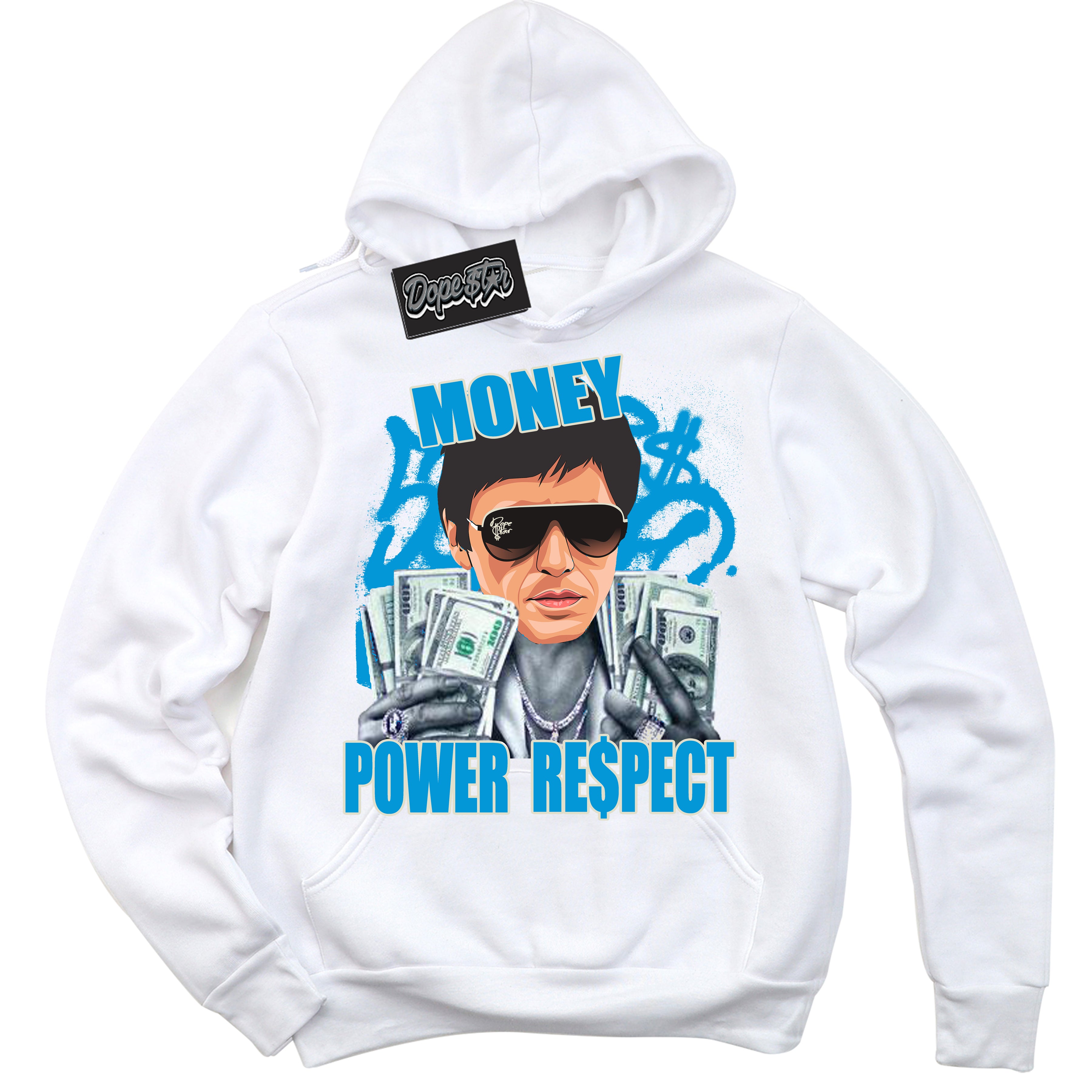 Dunk Low Coconut Milk University Blue 'Tony Montana' Hoodie – White Streetwear Sweatshirt | Sneaker Matching Hoodie for Dunk Low Coconut Milk University Blue | Urban Fashion for Tony Montana | Men's & Women's Streetwear Outfit by Sneaker Shirts Outlet.