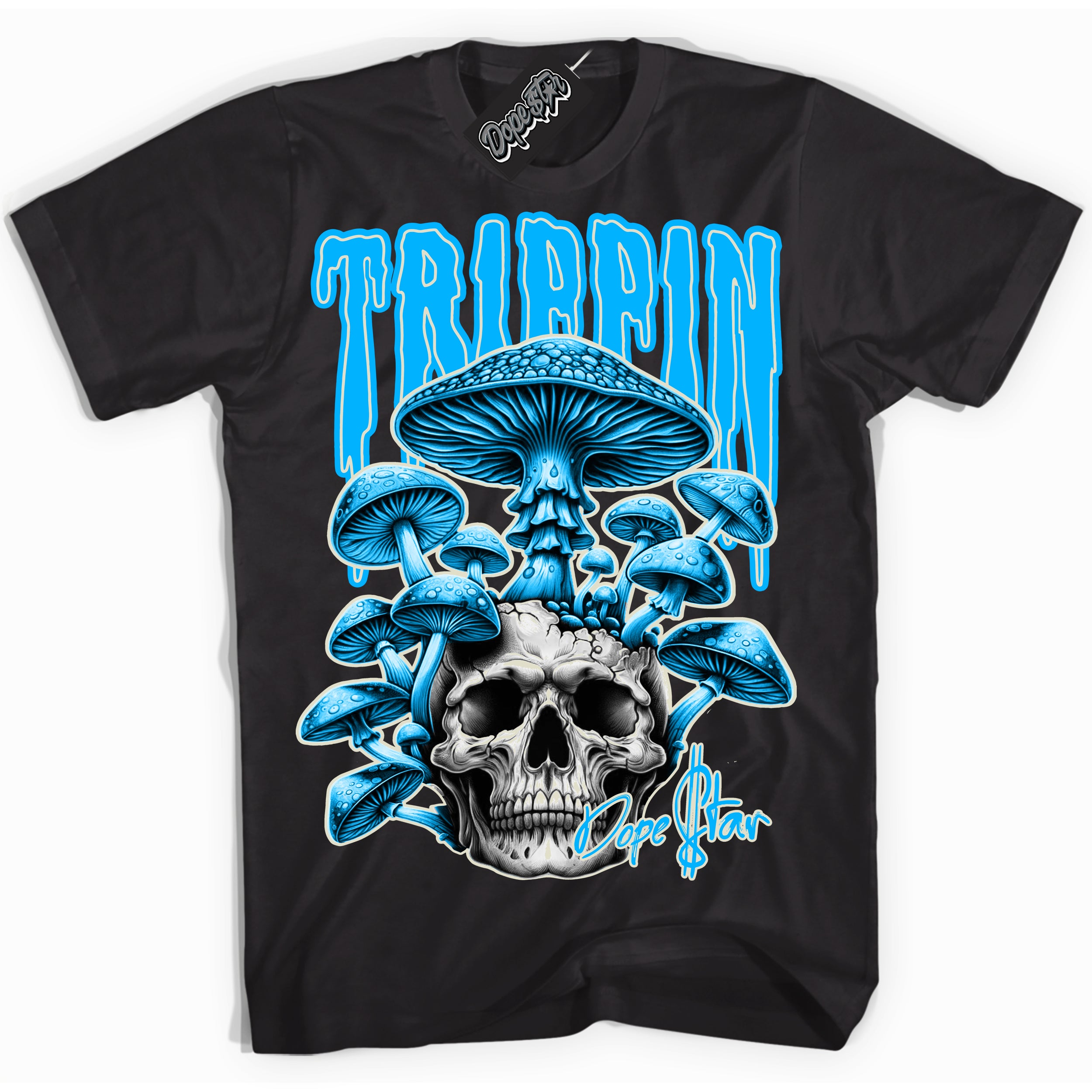 Dunk Low Coconut Milk University Blue 'Trippin' Shirt – Black Streetwear T-Shirt | Sneaker Matching Tee for Dunk Low Coconut Milk University Blue | Urban Fashion for Trippin | Men's & Women's Streetwear Outfit by Sneaker Shirts Outlet.