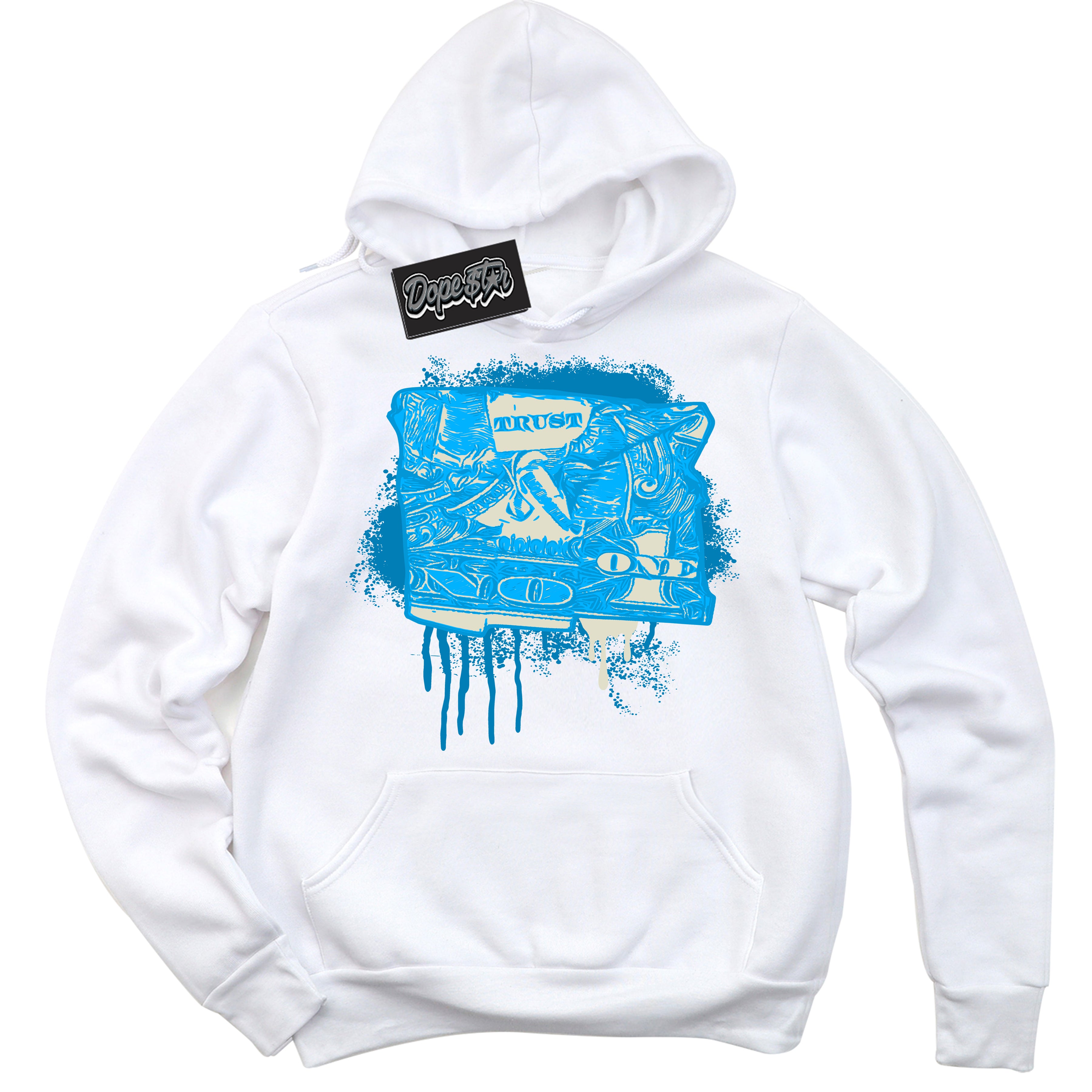 Dunk Low Coconut Milk University Blue 'Trust No One Dollar' Hoodie – White Streetwear Sweatshirt | Sneaker Matching Hoodie for Dunk Low Coconut Milk University Blue | Urban Fashion for Trust No One Dollars | Men's & Women's Streetwear Outfit by Sneaker Shirts Outlet.