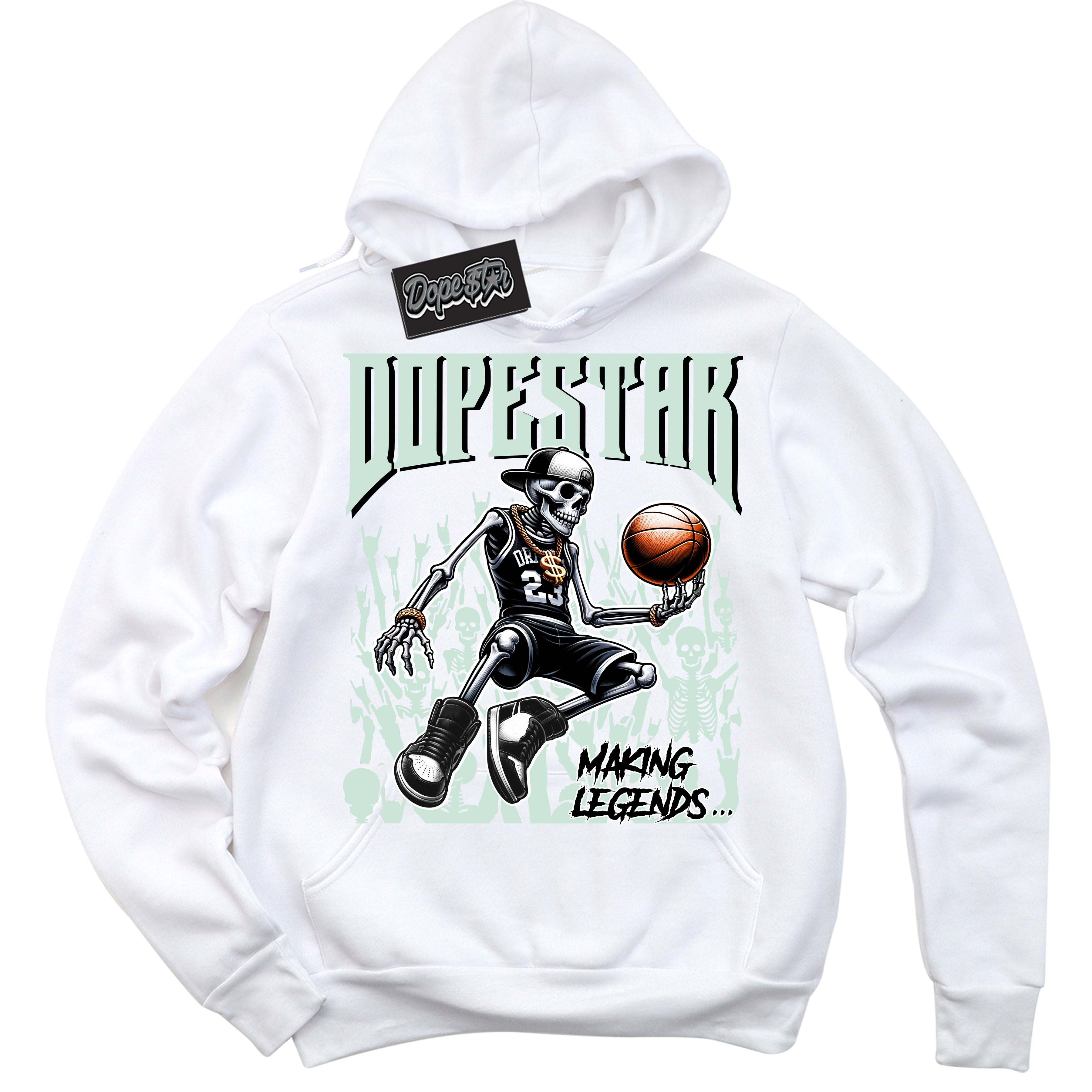 Cool White Hoodie with “ Making Legends ”  design that Perfectly Matches Smoke Grey Barely Green Sneakers.